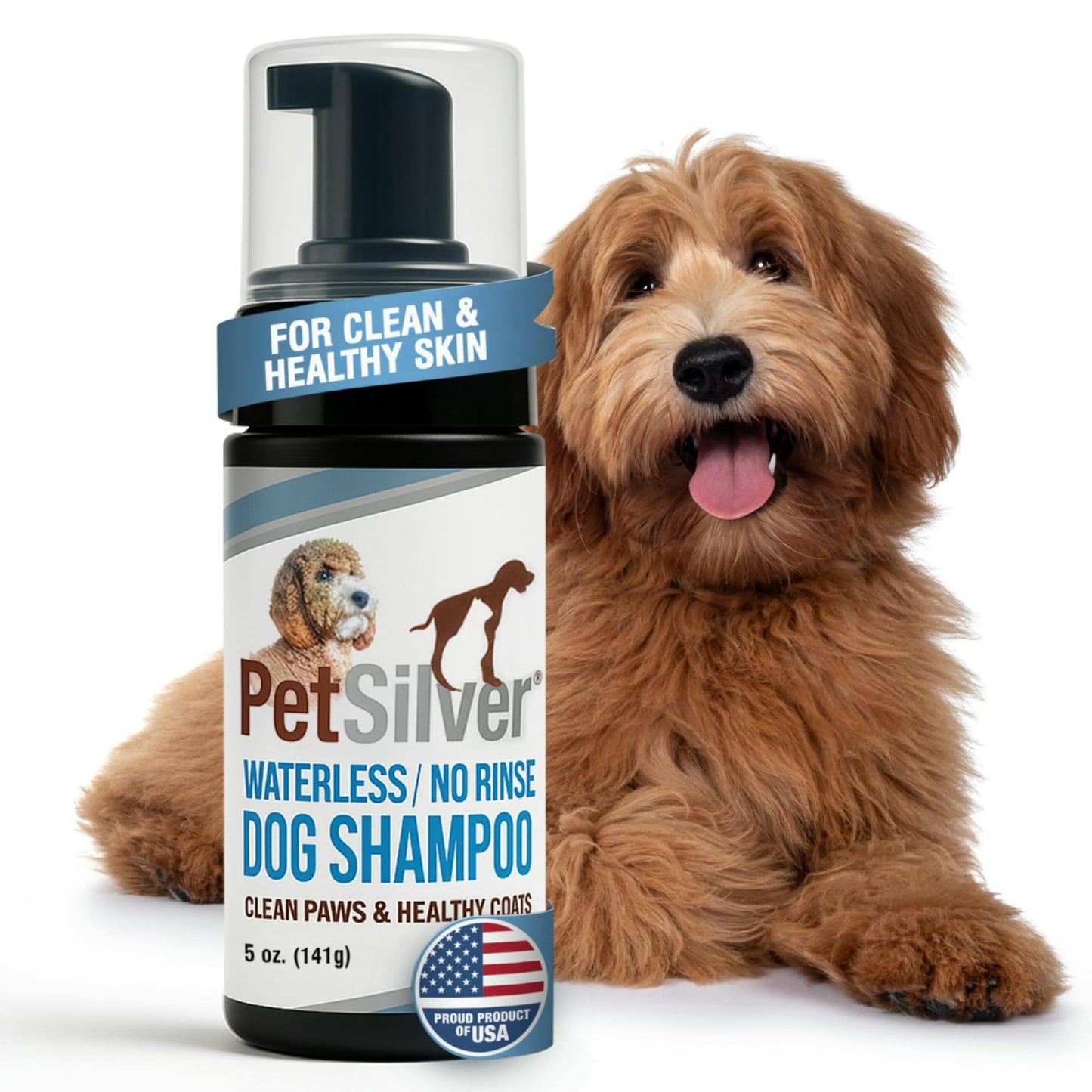 PetSilver Waterless Dog Shampoo - No Rinse Bath & Dry Shampoo for Dogs - Odor Control for Smelly Coats - Cleans, Conditions & Moisturizes - Hypoallergenic & Fragrance-Free - Patented Silver - 5 fl oz