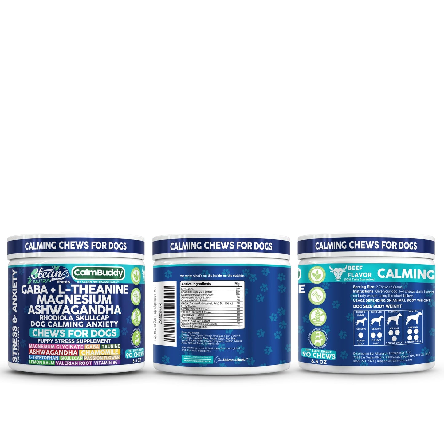 CalmBuddy Calming Chews for Dogs with GABA, L-Theanine, Magnesium, Ashwagandha, Rhodiola & Skullcap – Natural Pet Supplement – 90 Soft Chews – Clean Nutra Pet Formula for All Dog Breeds & Sizes