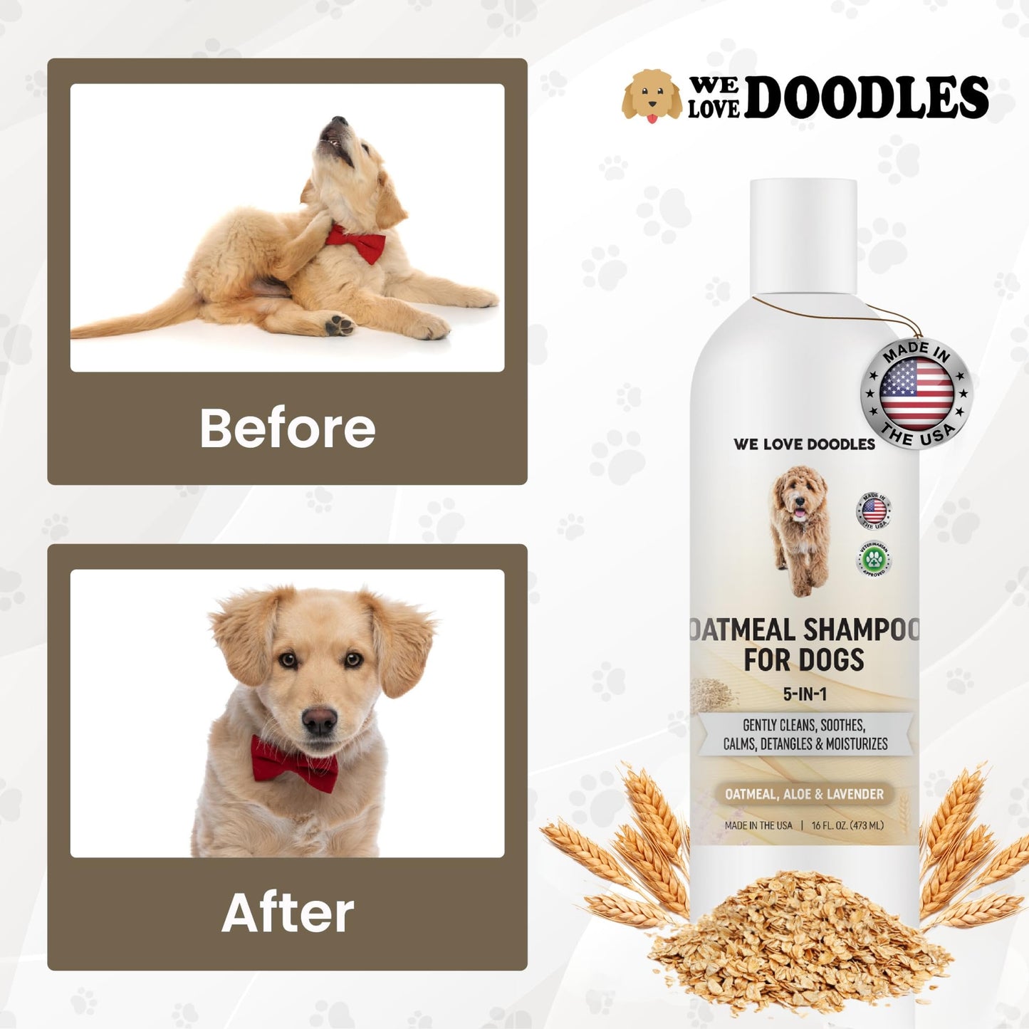 We Love Doodles 5-in-1 Premium Oatmeal Shampoo & Dog Grooming Bath Brush Bundle - Gentle for Itchy & Sensitive Skin, Provides Itch Relief, Hypoallergenic & Soothing for Dry Skin, Pet Rubber Brush