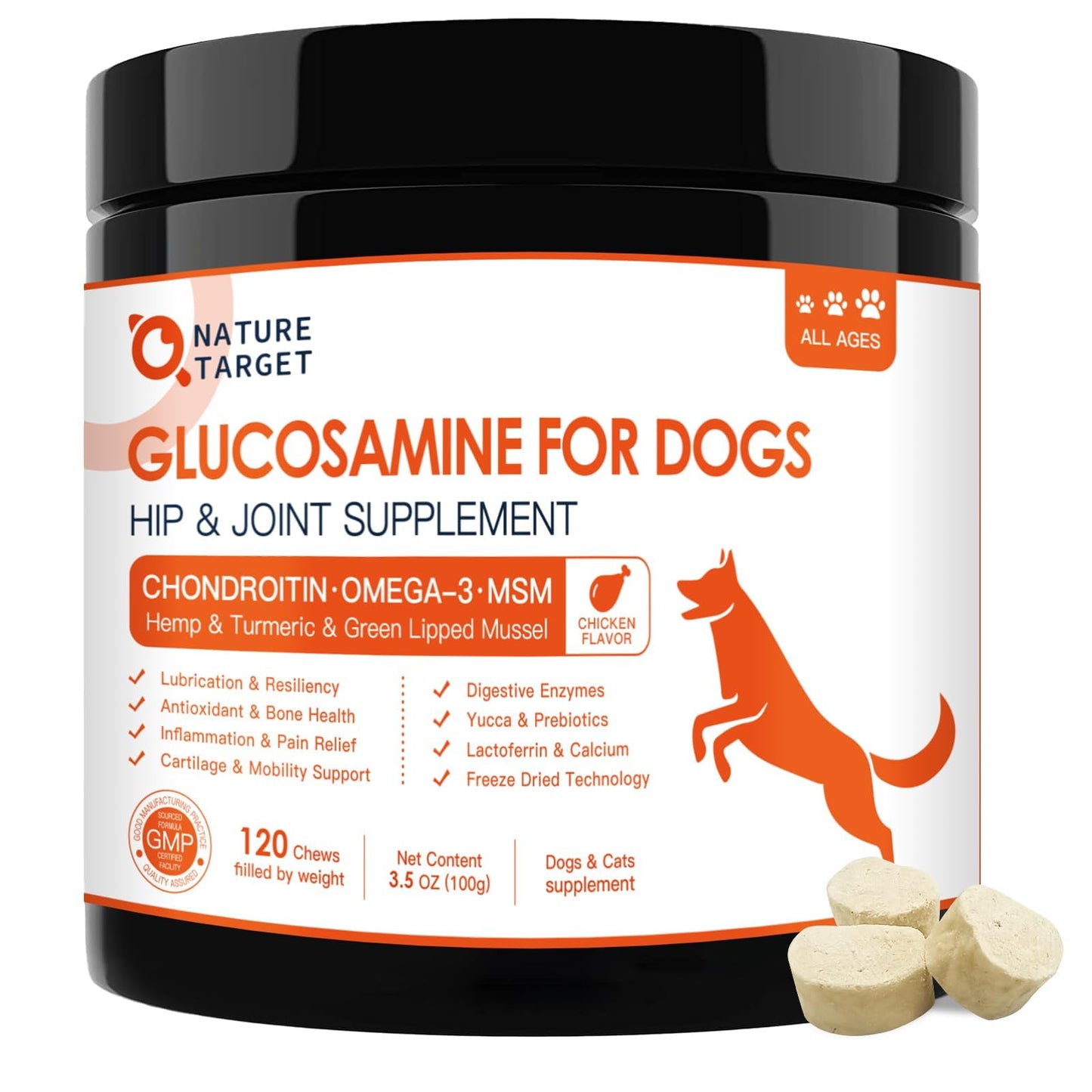 NATURE TARGET Glucosamine Joint Supplement for Dogs, Chondroitin, Omega-3, MSM, Hemp, Turmeric for Pain Relief, Dog Joint Supplement with Calcium for Bone Health, 120 Chicken Flavored Crunchy Chews