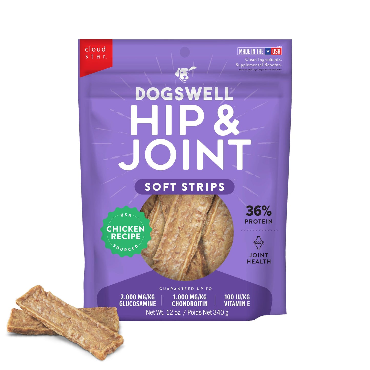 DOGSWELL Hip & Joint Dog Treats 100% Meaty, Grain Free, Glucosamine Chondroitin & Omega 3, Chicken Soft Strips 12 oz