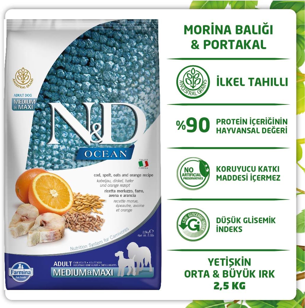 Farmina N&D Ocean Dog Dry Med/Maxi Cod Spelt Oats Orange 5.5 Pounds