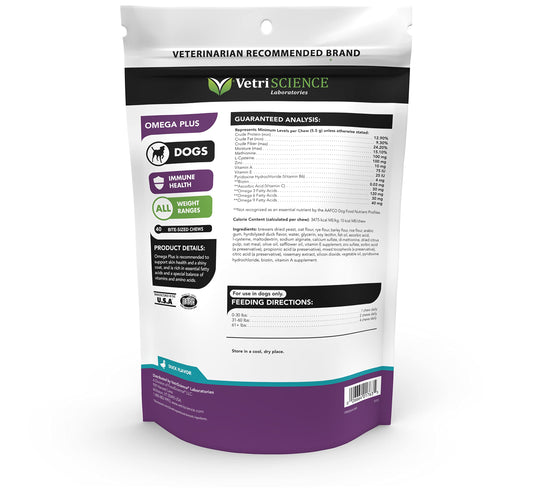 VetriScience Extra Strength Healthy Skin & Coat Chews, Omega Plus Supplement for Dogs, with Balanced Omega 3, 6, 9, Fish Oil and Biotin, Skin Health, Coat Growth and Shine, Duck, 40 Count