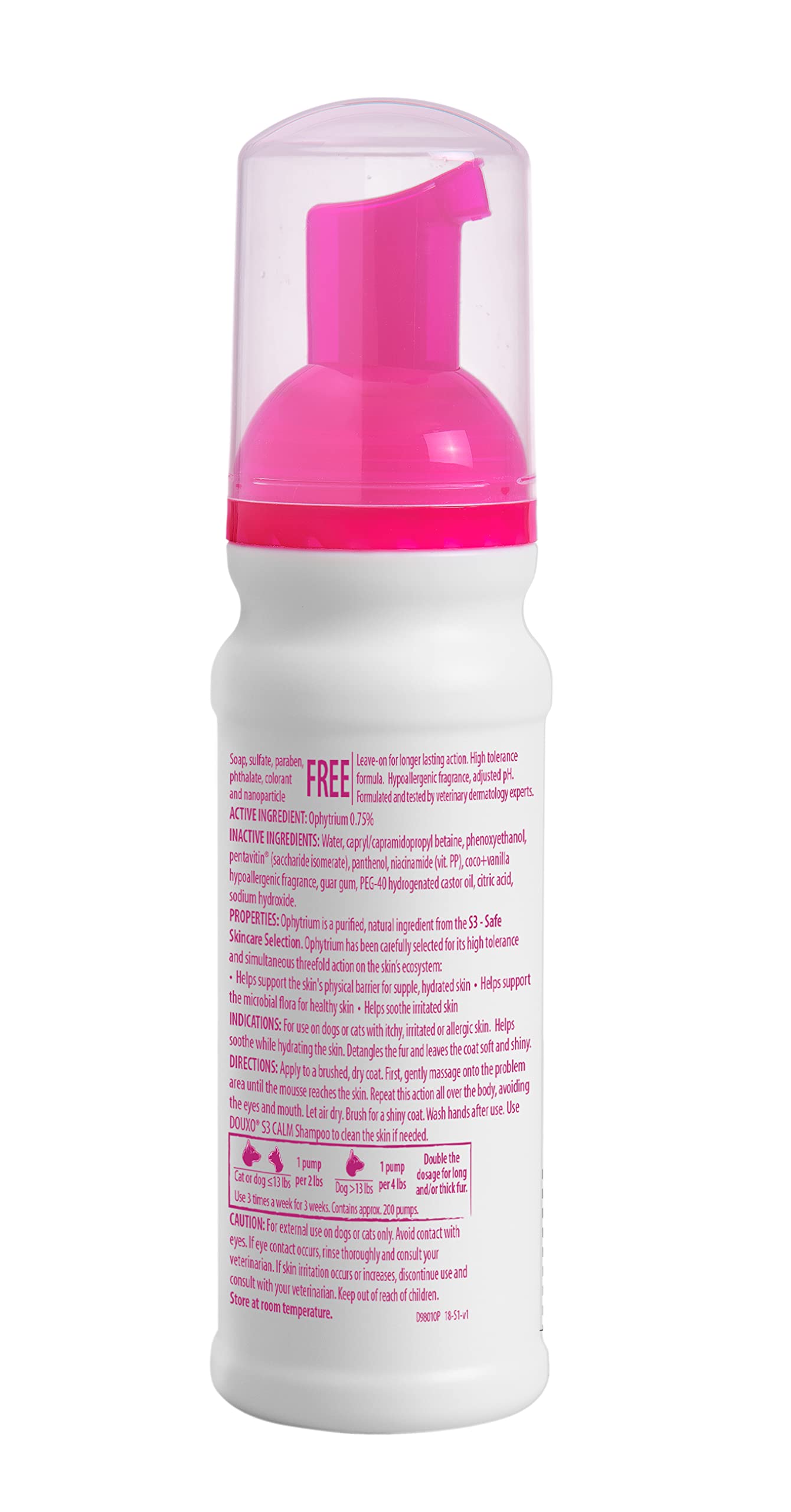 Douxo S3 Calm Mousse, Contains 0.75% Ophytrium, Soothing, For Itchy, Irritated or Allergic Skin, For Dogs and Cats, 5.1 fl. oz. (150mL)