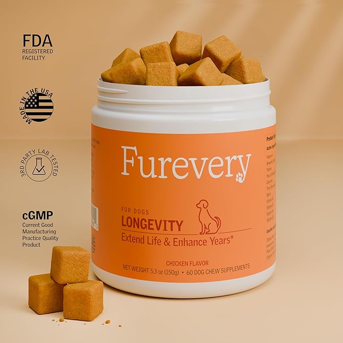 Longevity Dog Multivitamin, 11-in-1 Chicken Flavor Daily Chews | Supports Hip & Joint, Immune System, Skin & Coat, Heart, Energy & Vitality | Dogs 1 Year & Older (60 Count)