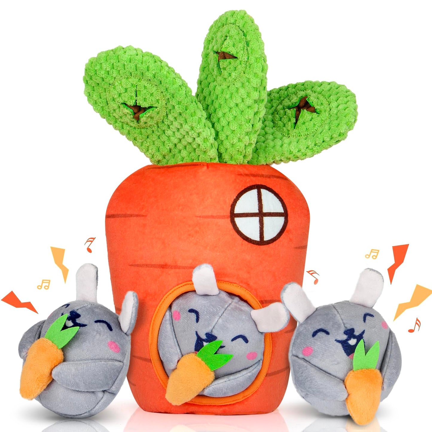 Hide and Seek Squeaky Dog Plush Toy Carrot and Bunny Set, 4 Pack Dog Puzzle Toys for Training and Cleaning, Interactive Tough Dog Toy for Small Medium Dogs