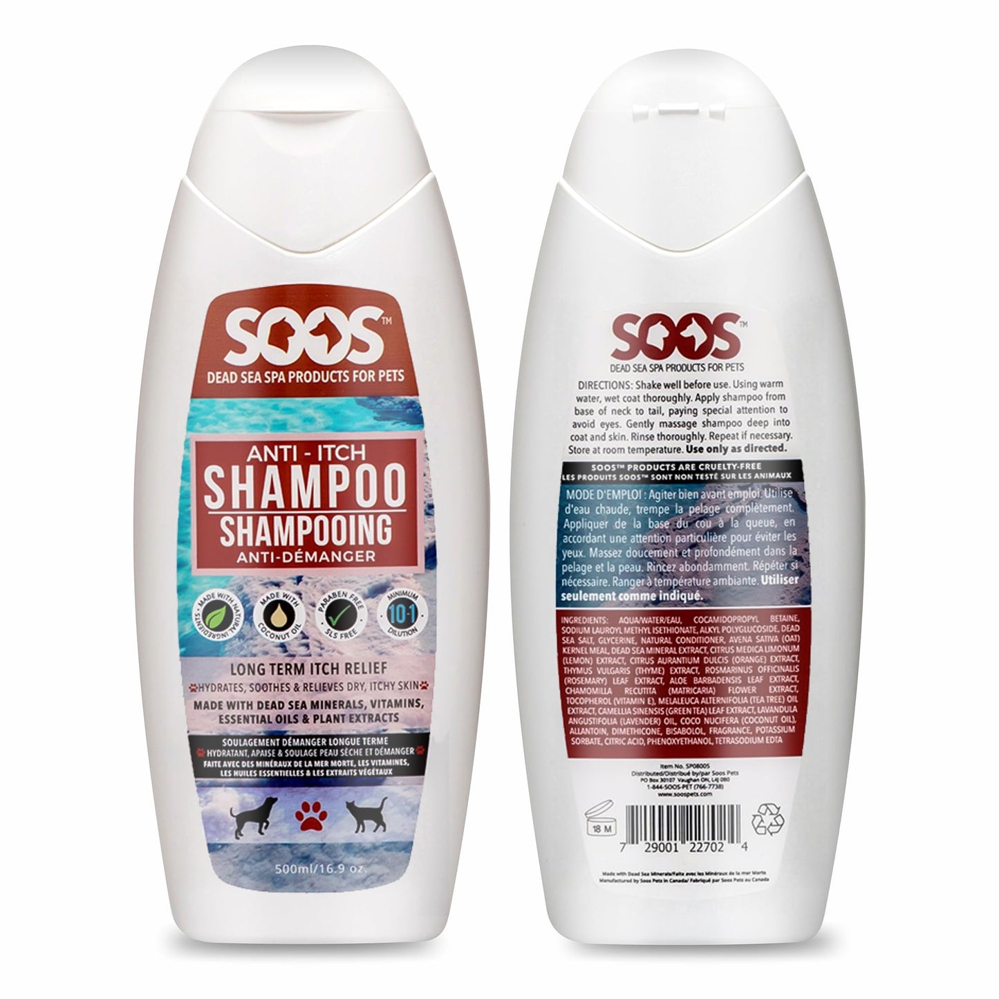 Soos Pet Anti-Itch Shampoo for Dogs and Cats - Natural Dead Sea Fast Absorbing - Clean Fur with Vitamins Minerals Essential Oils Natural Ingredients - 500ml