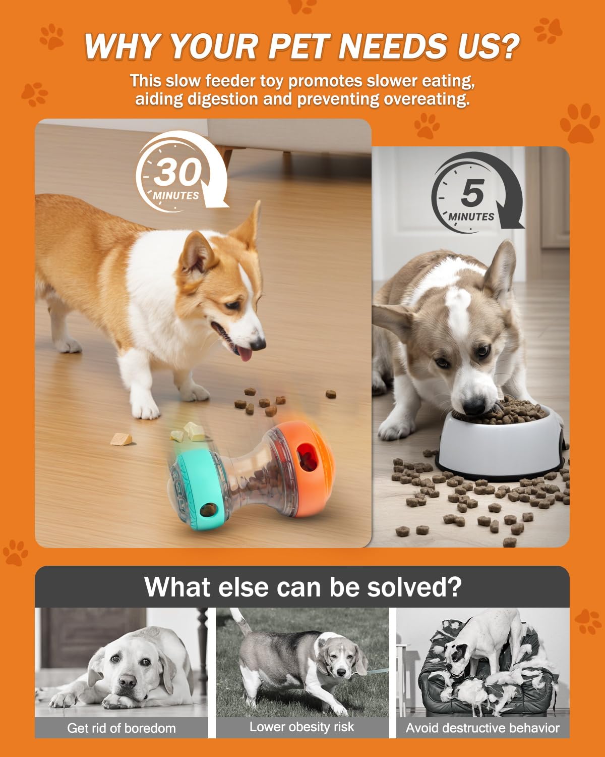 Wofypetny Dog Interactive Toys for Treat Dispensing, Dog Puzzle Feeder Food Dispenser 2 Adjustable Holes with LED Light & Squeaky, Puppy Treat Ball Slow Feeding for Large/Medium/Small Breeds Pet Gift
