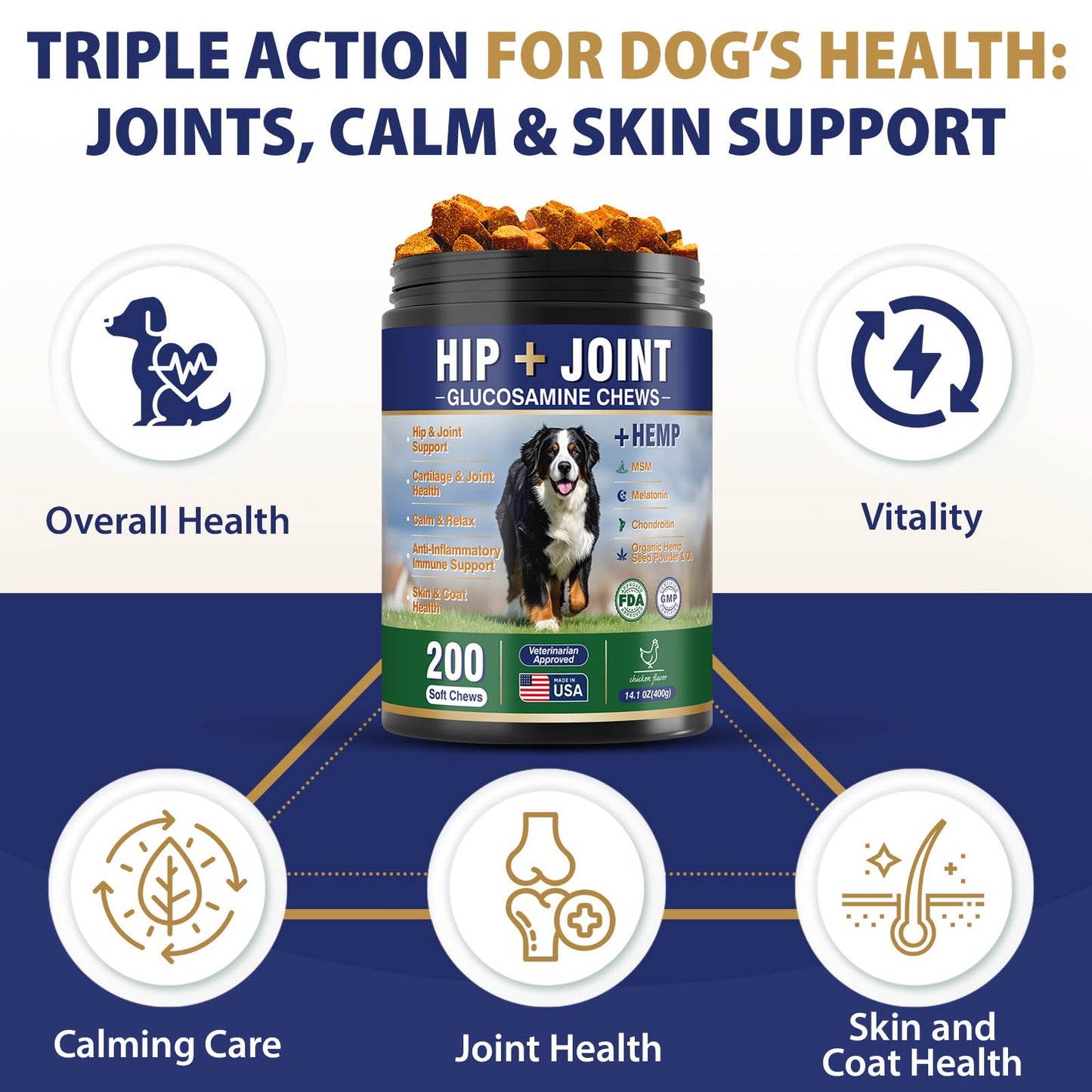 Hip and Joint Supplement for Dogs 200 Hemp Dog Calming Chews with Glucosamine, Chondroitin, Msm, Omega 3, Melatonin for Senior Dogs Anxiety, Dog Pain Relief Anti Inflammatory Small/Medium/Large Breed