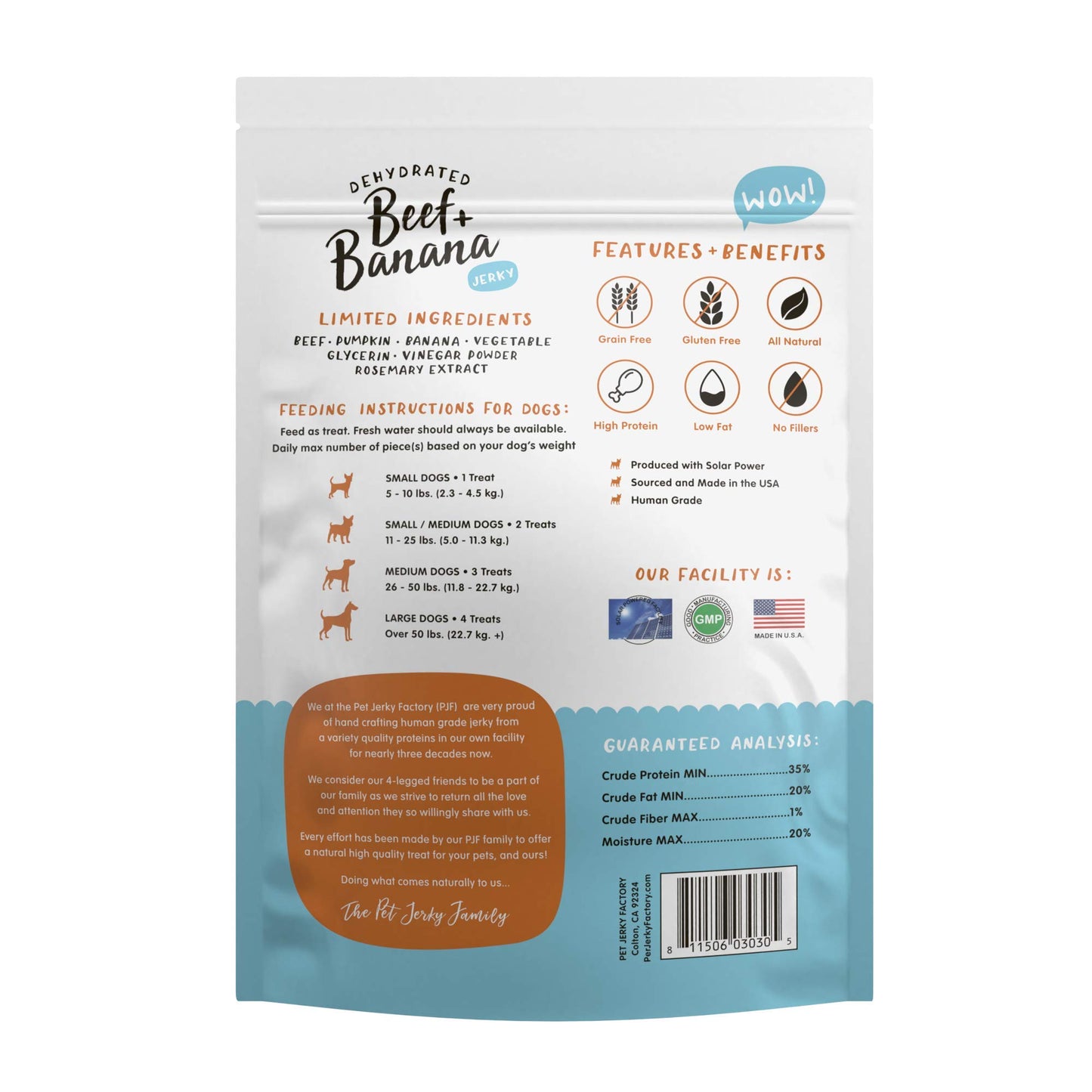 Pet Jerky Factory Premium Beef and Banana 5 oz. Dog Jerky Treats | 100% Human Grade | USA Made | High Protein | Grain Free | Limited Ingredients | No Filler | BHA-BHT Free | Soft-Tender