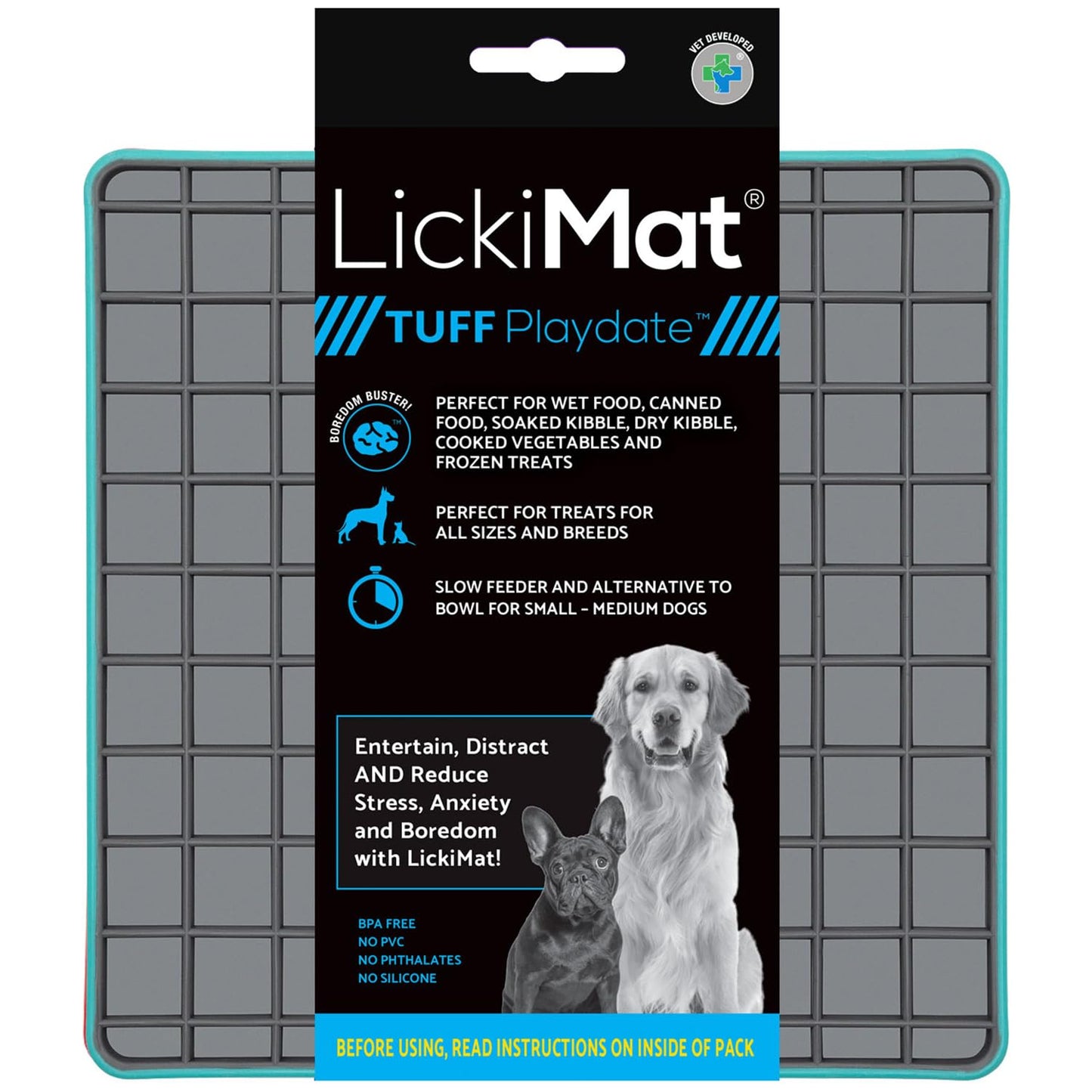LickiMat Tuff, Heavy-Duty Playdate, Dog Slow Feeder Lick Mat, Boredom Anxiety Reducer; Perfect for Food, Treats, Yogurt, or Peanut Butter, Fun Alternative to a Slow Feed Dog Bowl, Turquoise