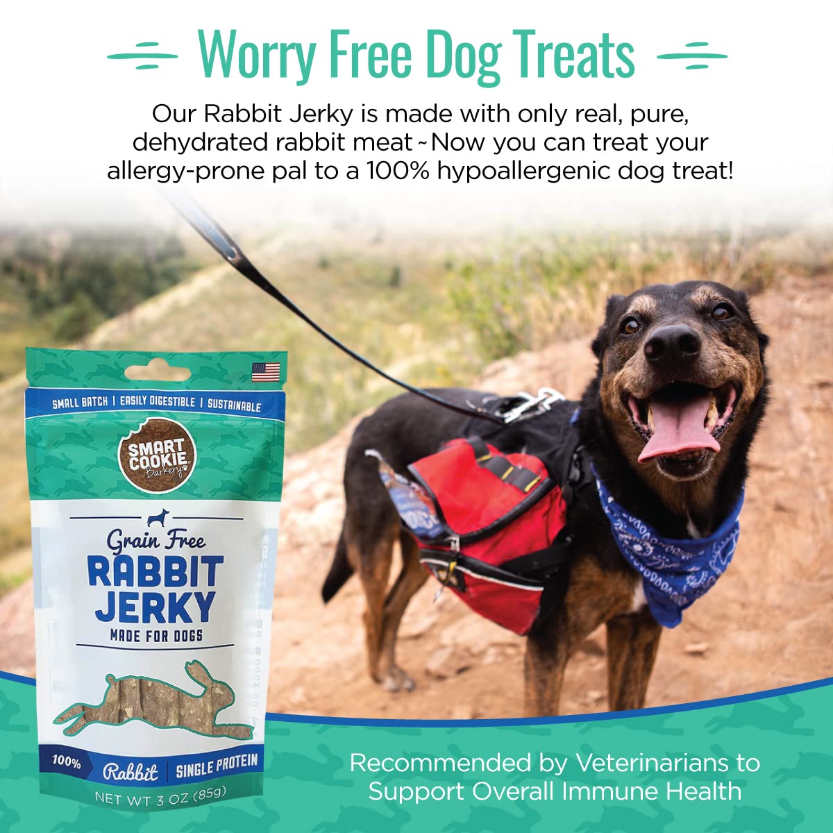 Smart Cookie Single Ingredient Rabbit Jerky Dog Treats - Training Treat Strips for Dogs and Puppies with Allergies, Sensitive Stomachs - Dehydrated, 100% Meat, Grain Free, Made in USA - 3oz, Pack of 1