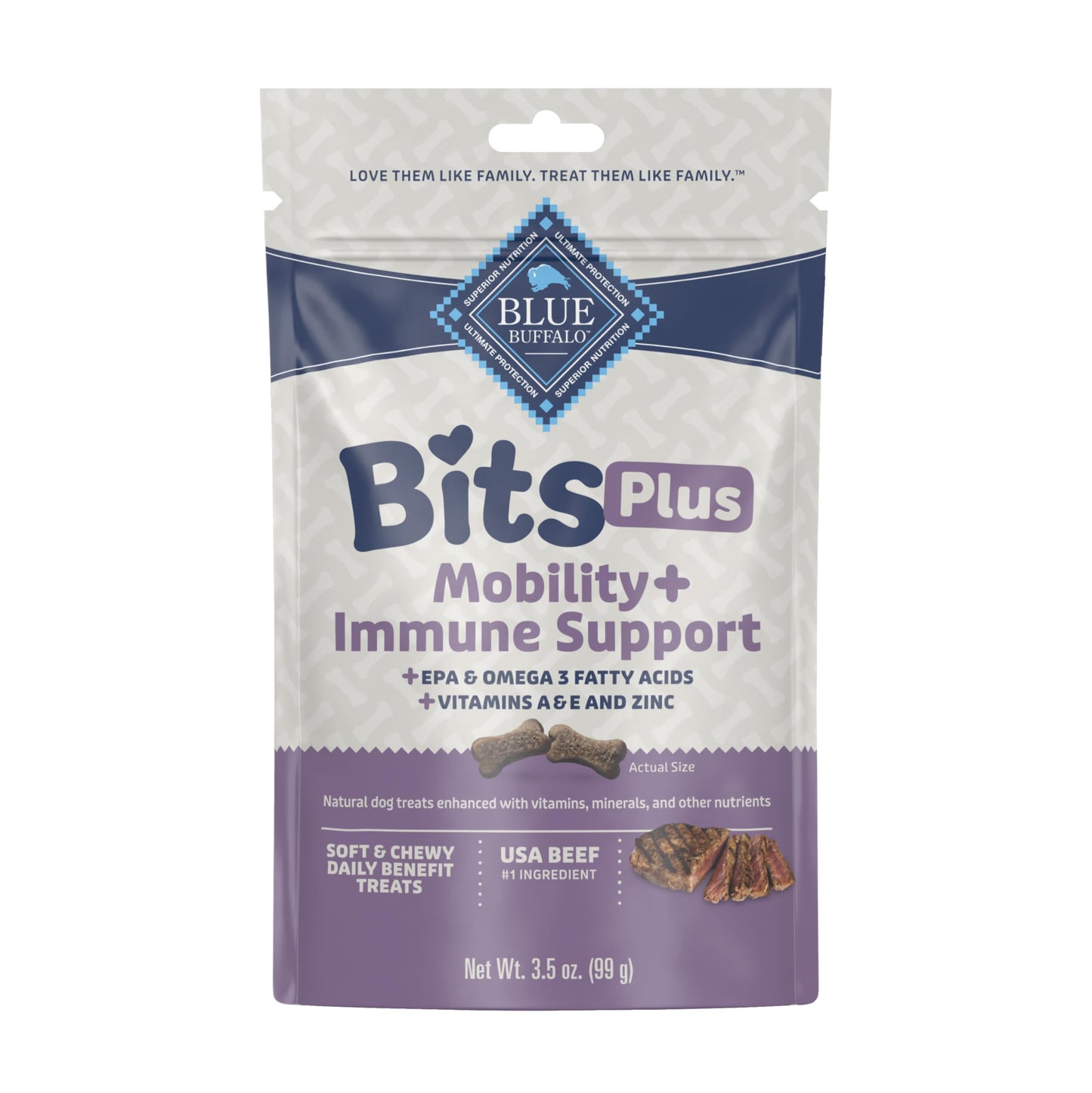 Blue Buffalo Blue Bits Plus Mobility and Immune Support Daily Benefit Dog Treats, Soft & Chewy Beef Morsels, 3.5-oz. Bag