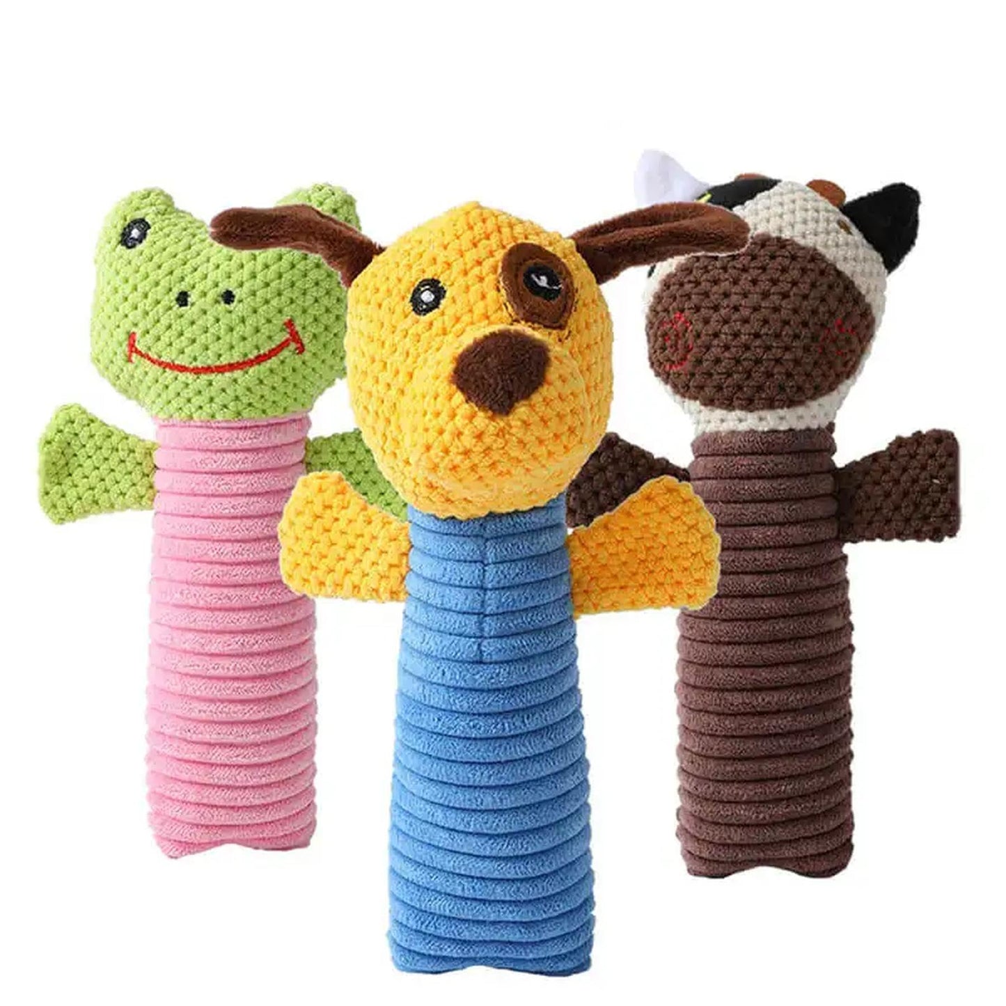 3 Piece Dog Toy Set — Stuffed Animals Chew Toy, Pet Squeakers Toys for Dogs — Durable Puppy Plush Toy Medium, Small Breed Outdoor, Indoor Chewers Squeaky Toys for Puppies — Calf, Frog, Puppy