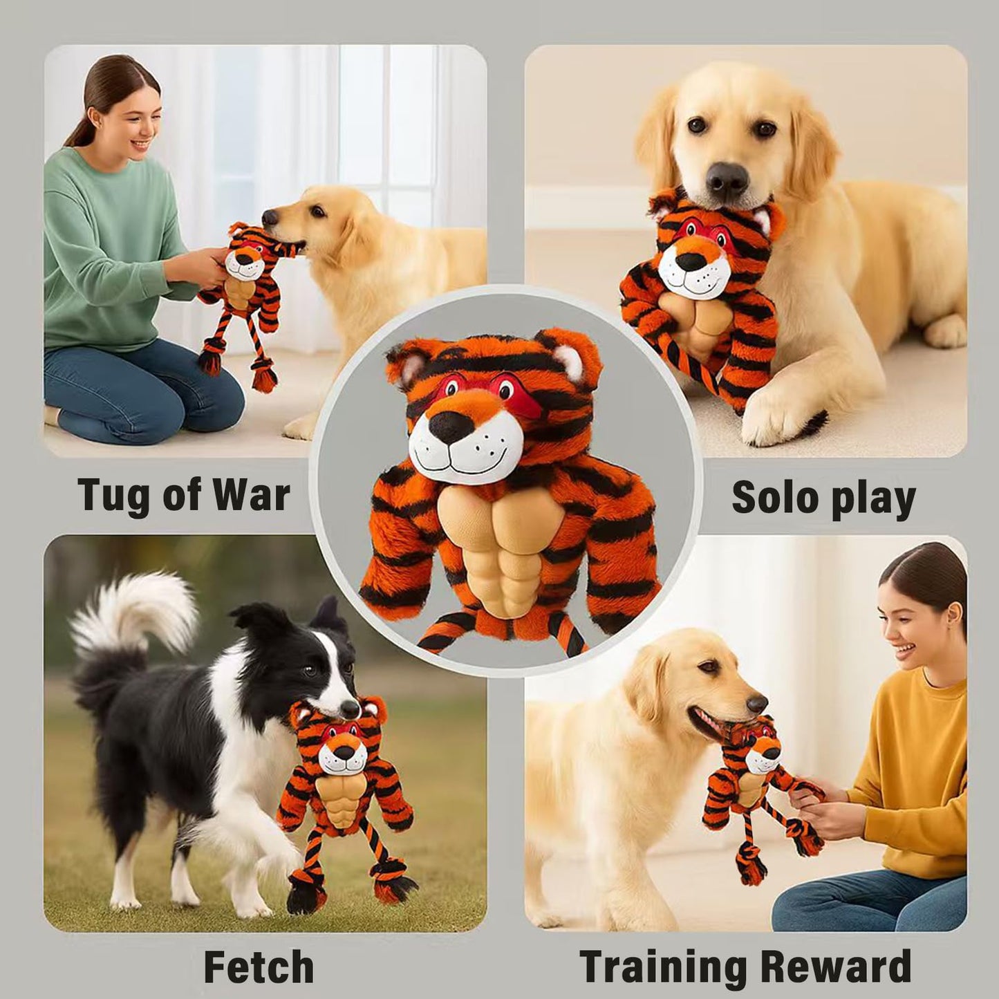 Calibonbon Durable Rope & Plush Dog Toy for Aggressive Chewers – Muscle Tiger Squeaky Tug Toy for Medium & Large Dogs, Interactive Chew & Play