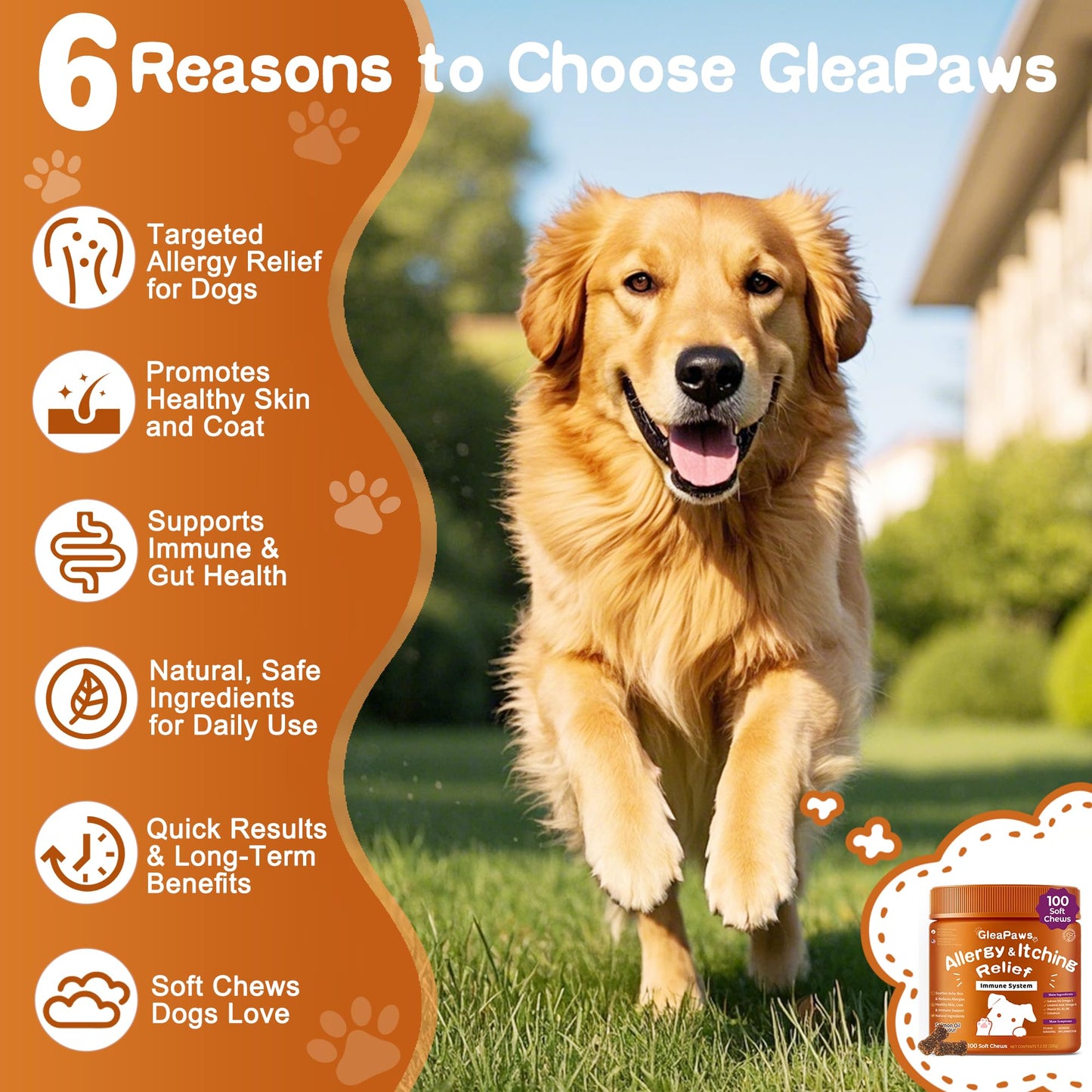 GleaPaws Dog Allergy & Itch Relief Supplement - Salmon Oil Omega-3, Omega-6, Vitamin B1/B2/B6, Colostrum Probiotics for Seasonal Allergy, Hot Spots, Paw Licking, 100 Chews, Store in Dry Place