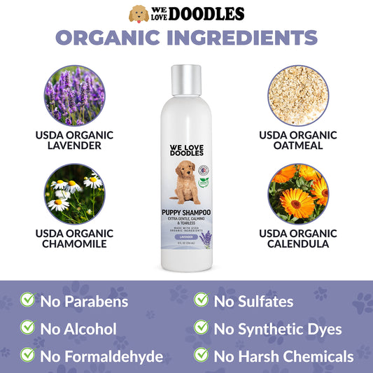 We Love Doodles Lavender Puppy Shampoo & Dog Detangler Spray - Organic Ingredients, Tear Free Shampoo for Puppies, Sensitive & Itchy Skin Wash, Dematting Spray for Dogs, Tangle Remover