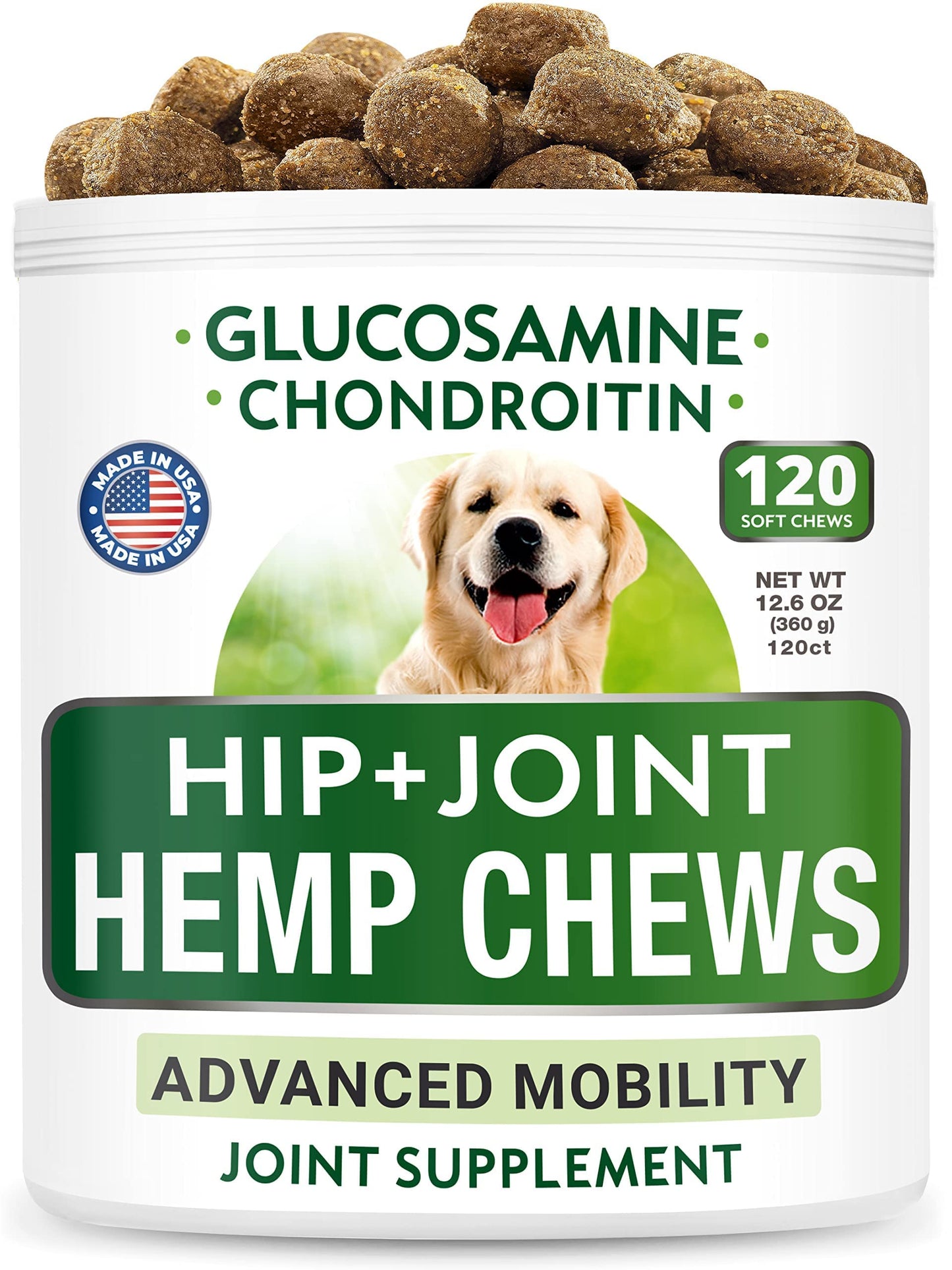 Calming for Dogs + Hemp Treats + Glucosamine Bundle - Hemp Oil + Chondroitin, MSM, Omega-3 - Anxiety Relief + Joint Pain Relief - Stress Relief During Fireworks, Storms, Thunder - 2 x 120 Soft Chews