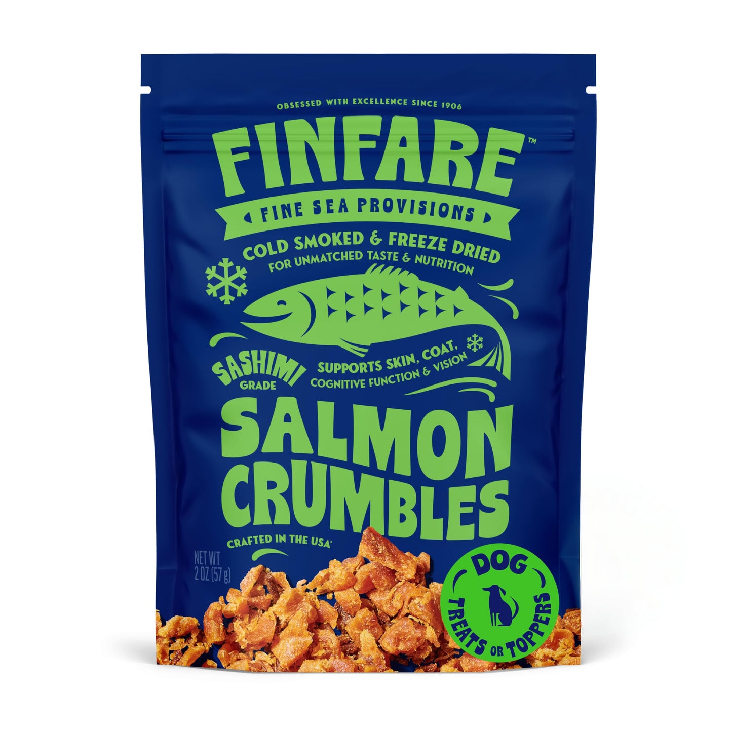 Finfare Freeze Dried Dog Treats, Salmon Crumbles, Protein & Omega-3s, Grain Free Salmon Dog Training Treats and Meal Topper, Crafted in USA, 2oz