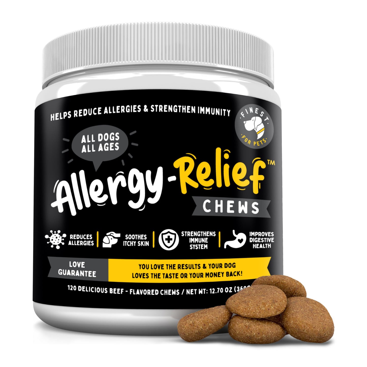 Finest For Pets Dog Allergy Relief - Dog Allergy Chews Itch Relief, Seasonal Allergy Support for Itchy Skin, with Omega 3, Pumpkin & Probiotics (120 Soft Chews)