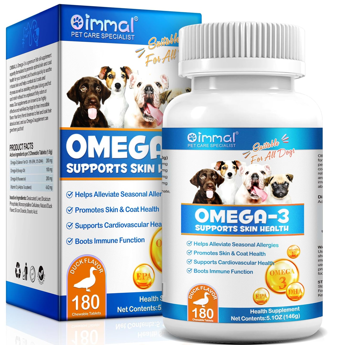 Omega 3 for Dogs, 180P Omega 3 Fish Oil Tablets for Dogs Supports Seasonal Allergies Relief, Itch Skin Relief & Promote Coat Health, Pet Dog Fish Supplements with Omega-3 6 9, Vitamin E - 180 Tablets