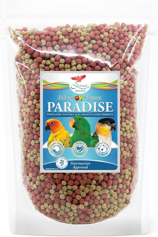 Scenic Mix Paradise Premium Parrot Food - Apple & Natural Flavors, High Protein, Low Iron Conure Bird Food, Eclectus & Other Small Pet Parrots, Omega 3, Vitamins & Minerals, 2 LB Bag