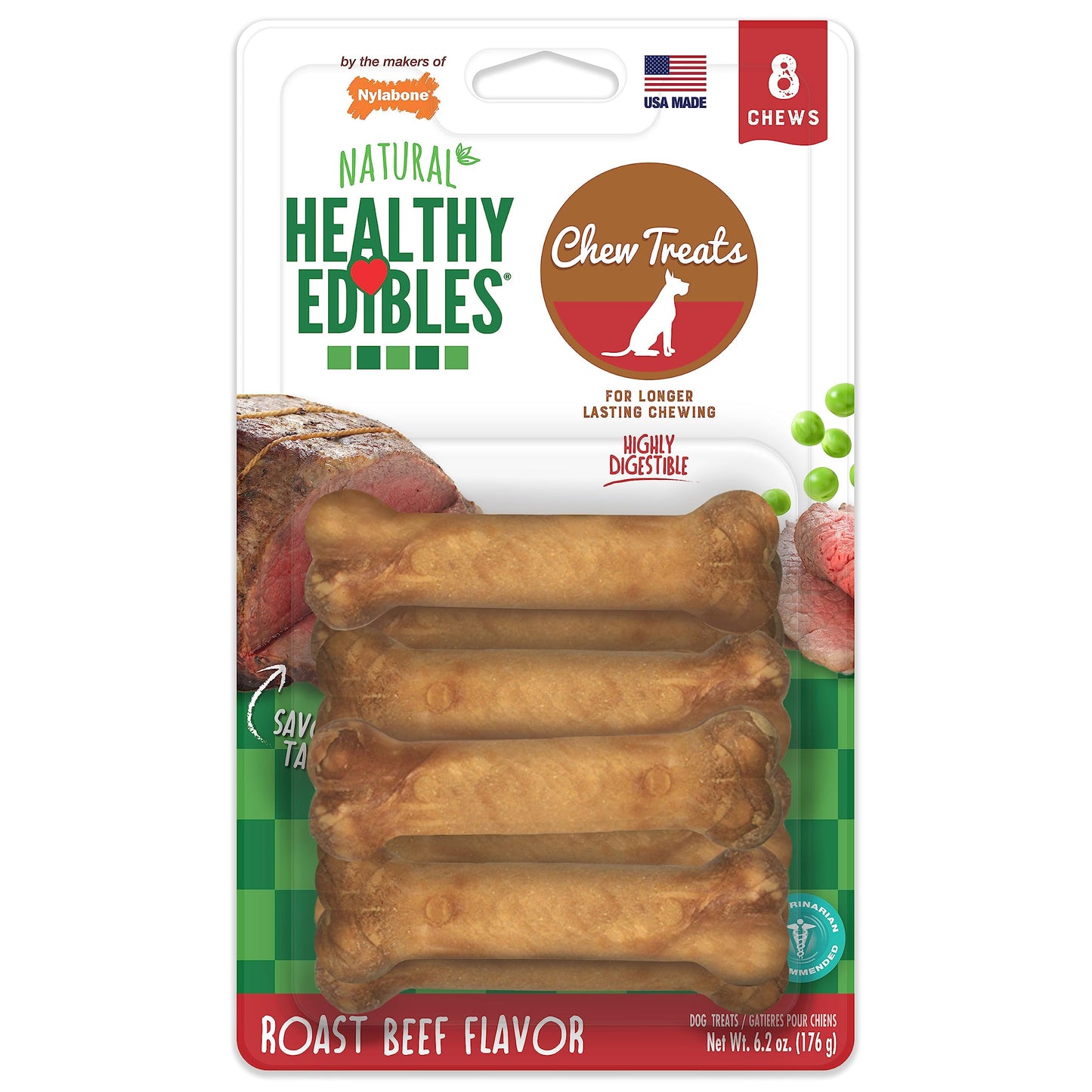 Nylabone Healthy Edibles Natural Dog Chews Long Lasting Chew Treats for Dogs, Roast Beef Flavor, X-Small/Petite (8 Count)