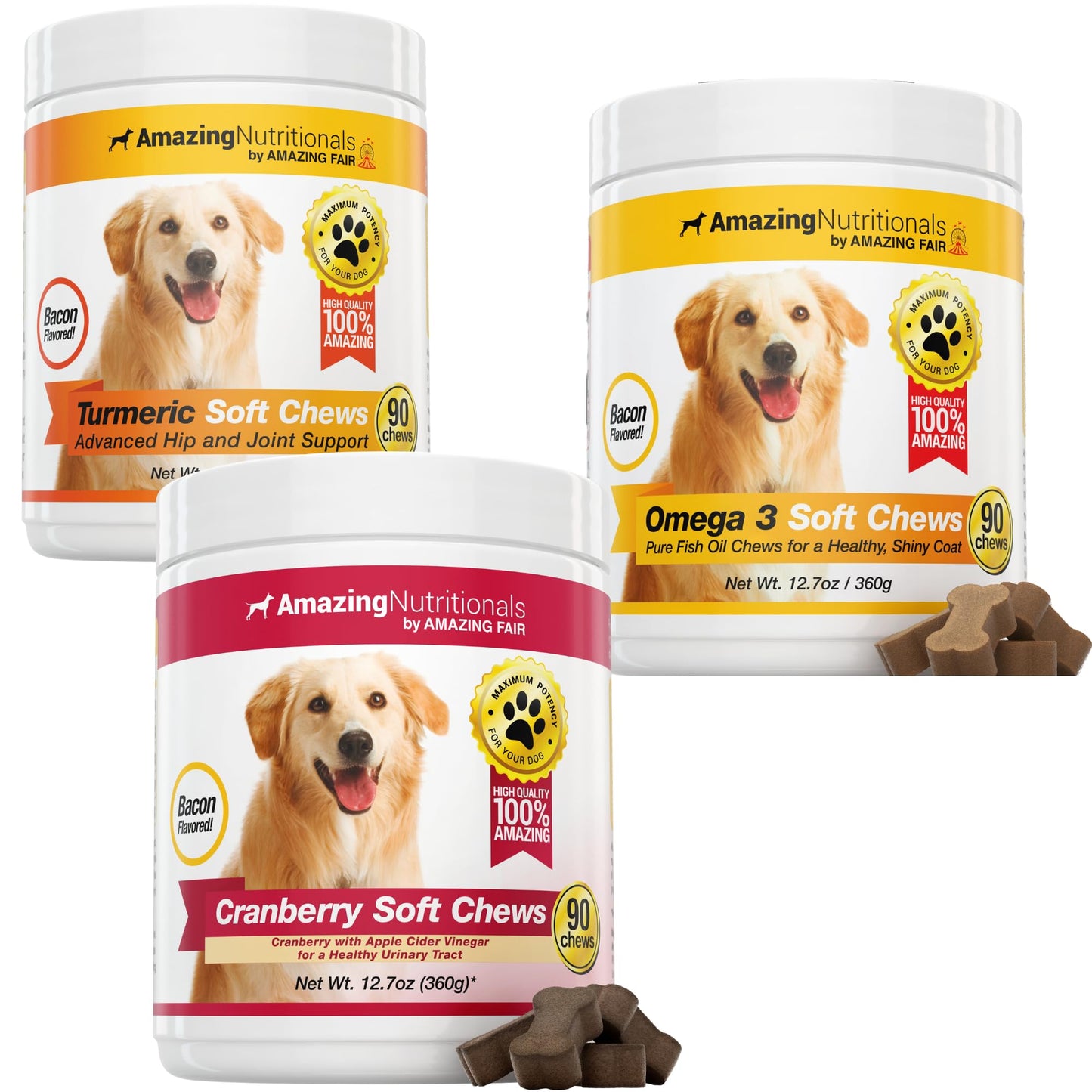 Joint Support Skin and Coat UTI Treatment Soft Chew Bundle - Turmeric, Omega and Cranberry - Eliminates Joint Pain Inflammation, Itchy Skin, Shedding, and UTI Prevention