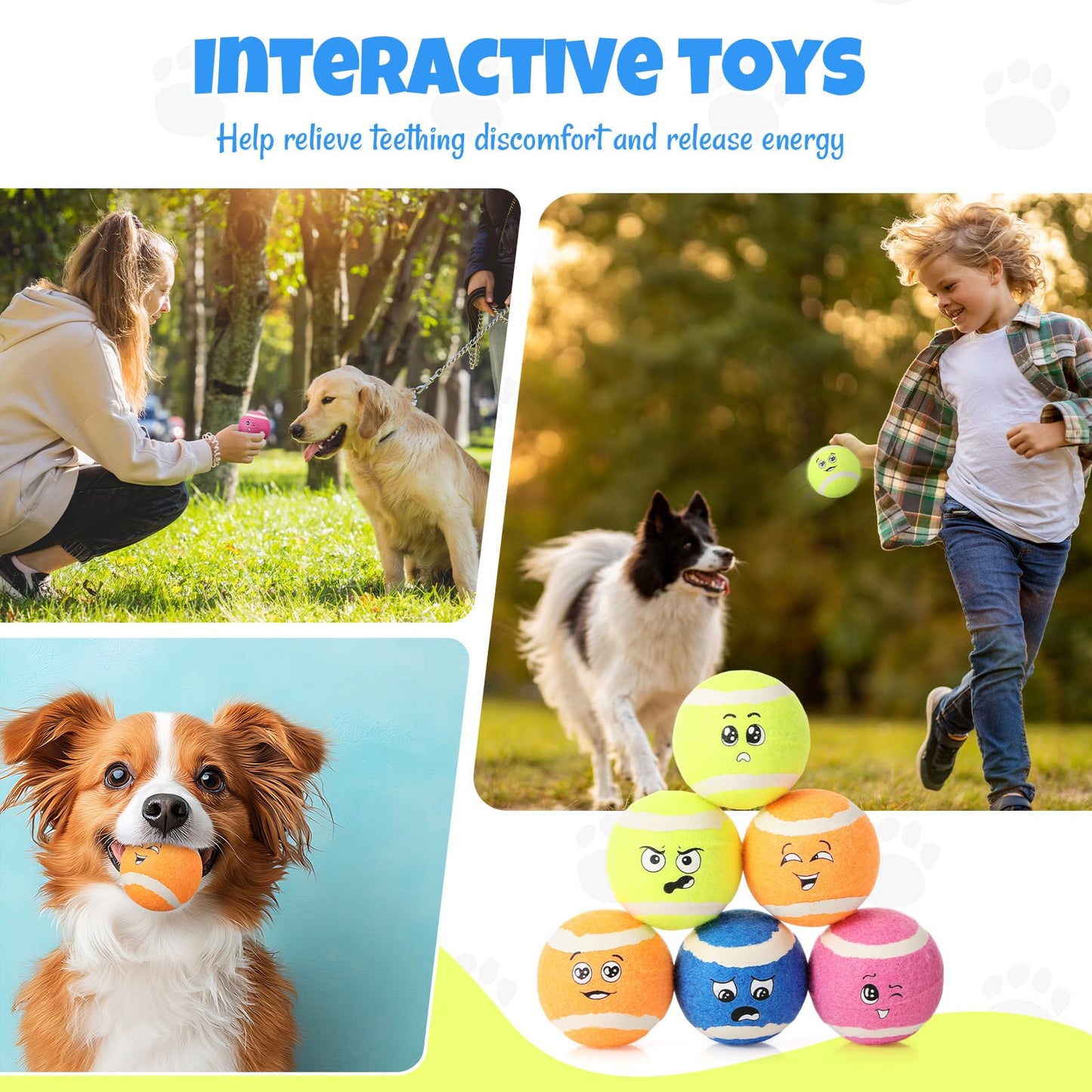 Suilung 12-Pack Smile Face Dog Tennis Balls Squeaky Toys for Medium Dogs, Sturdy Rubber Dog Toys for Outdoor Throw and Fetch, Safe Interactive Training Balls, Pet Exercise Toy (Multicolor)