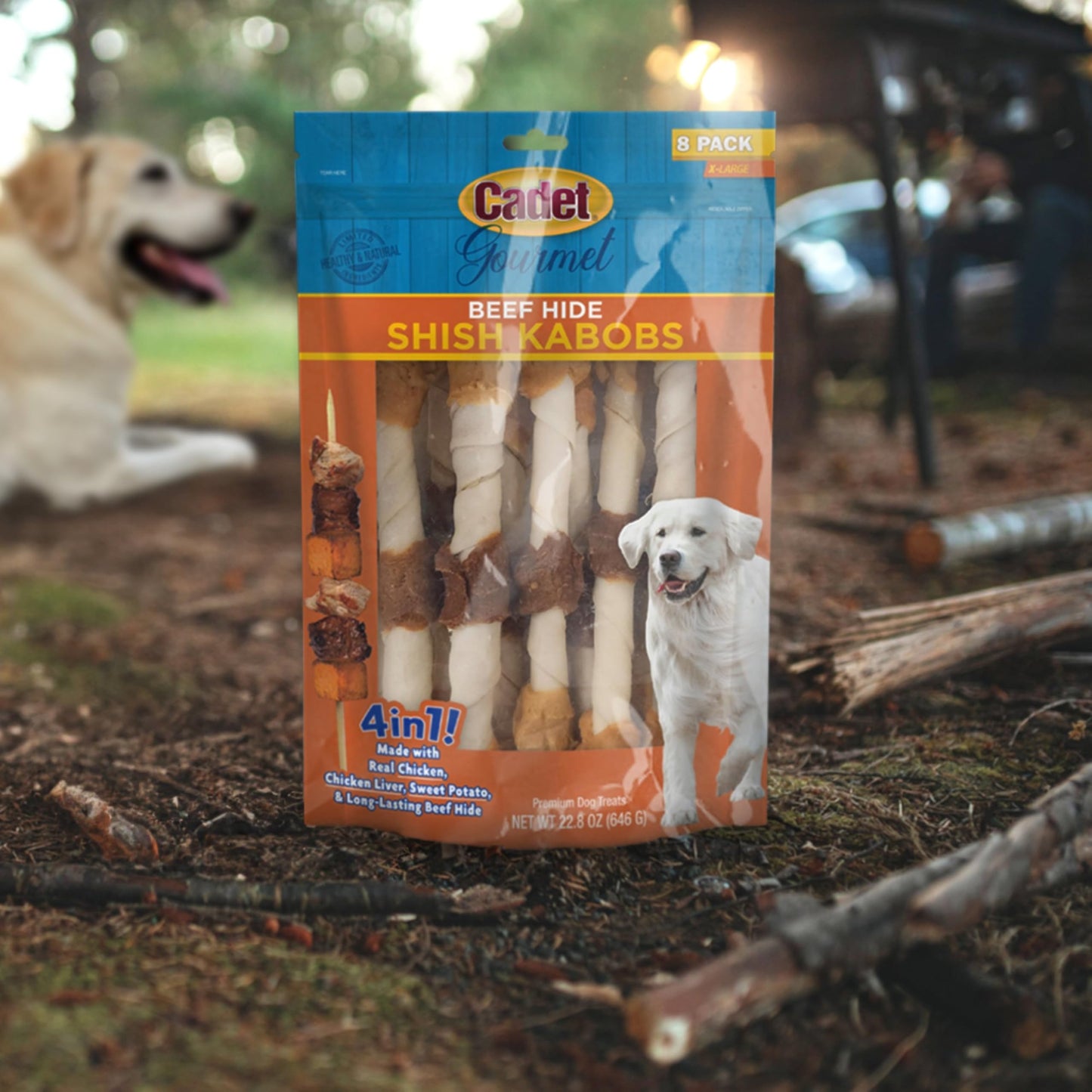 Cadet Gourmet Shish Kabob Dog Chews for Large Dogs, Rawhide Treats with Chicken and Sweet Potato, Healthy & Natural Beef Hide, 10-Inch Sticks, 8 Count