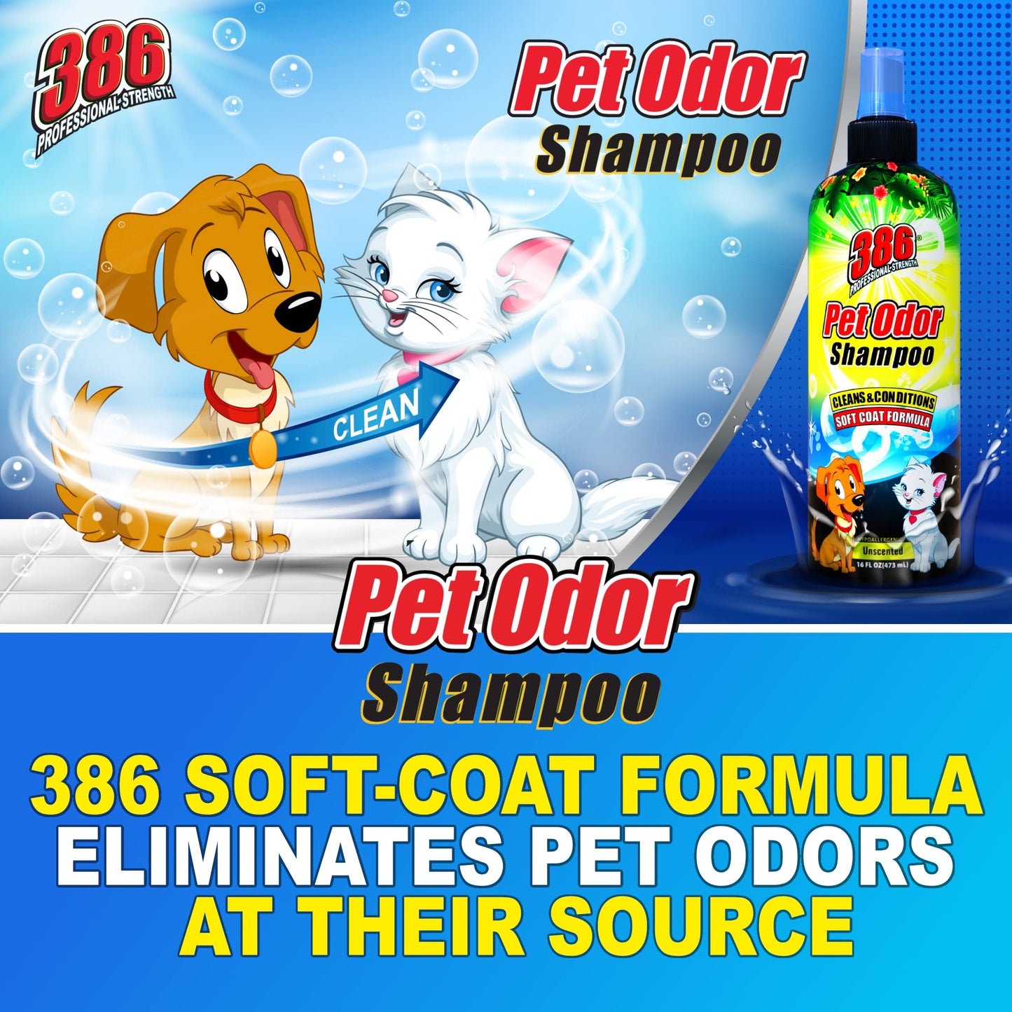 386 Professional Strength Dog Shampoo and Conditioner – 16 FL Oz Pet Odor Dog Shampoo for Smelly Dogs – Soft Coat Formula with Safe Ingredients – Unscented Hypoallergenic Dog Shampoo