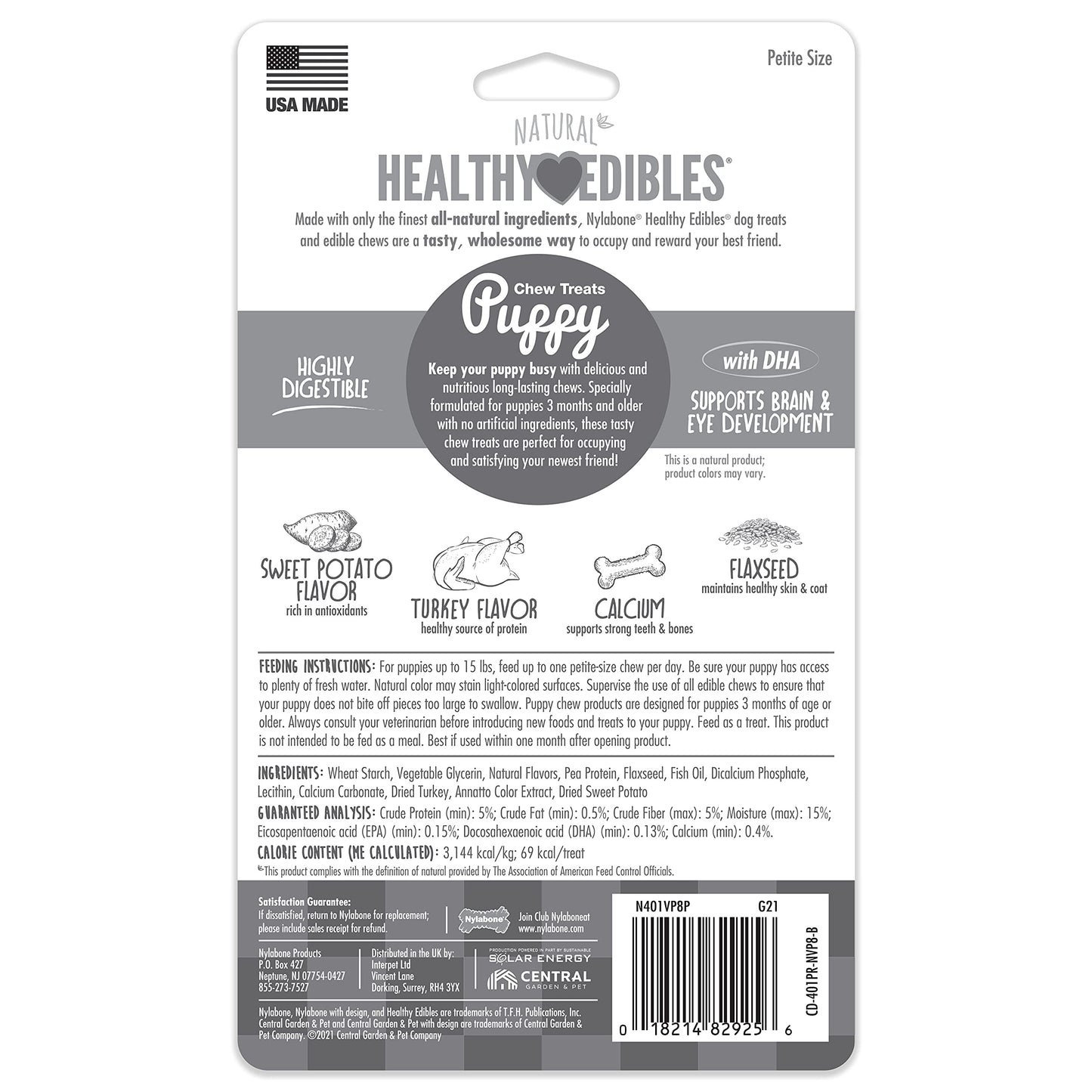 Nylabone Healthy Edibles Natural Puppy Chews Long Lasting Treats for Puppies, Turkey & Sweet Potato Flavor, X-Small/Petite (8 Count)