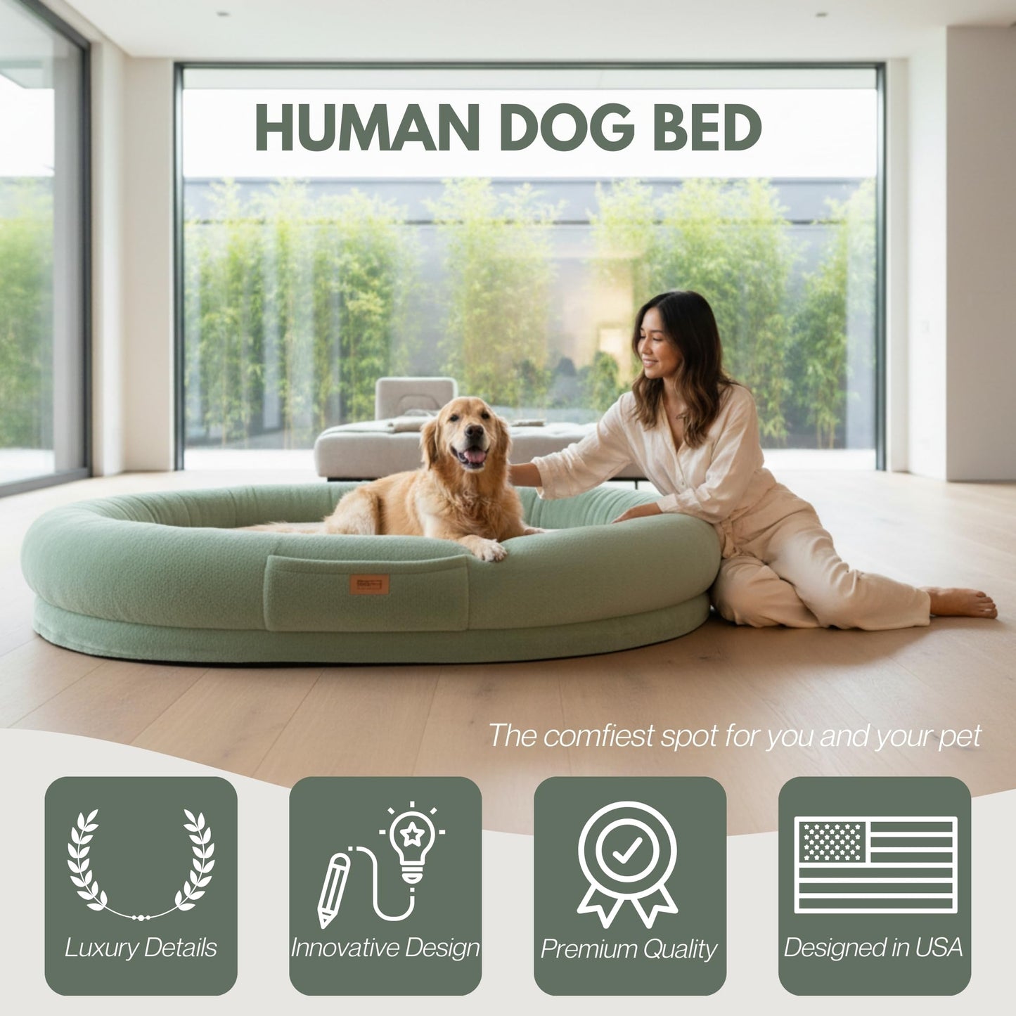 Human Dog Bed for Adults & Pets – Extra Large Cozy Lounger with Ultra-Soft Plush Fabric, Supportive Memory Foam Mattress & Removable Washable Cover – Oversized Pet Bed for Relaxation & Bonding (Green)