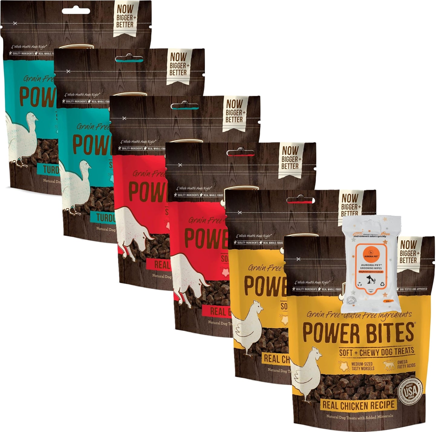 Aurora Pet Variety Pack (6) Power Bites Grain Free Dog Treats (2) Chicken (2) Beef (2) Turducken [6-oz Bags] with AuroraPet Wipes