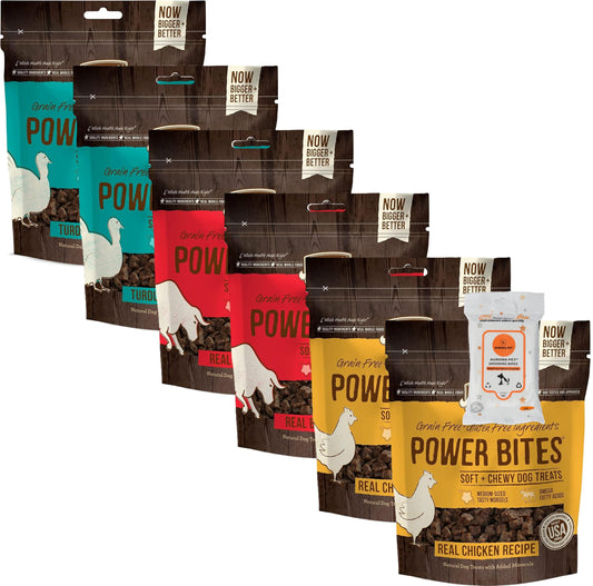 Aurora Pet Variety Pack (6) Power Bites Grain Free Dog Treats (2) Chicken (2) Beef (2) Turducken [6-oz Bags] with AuroraPet Wipes