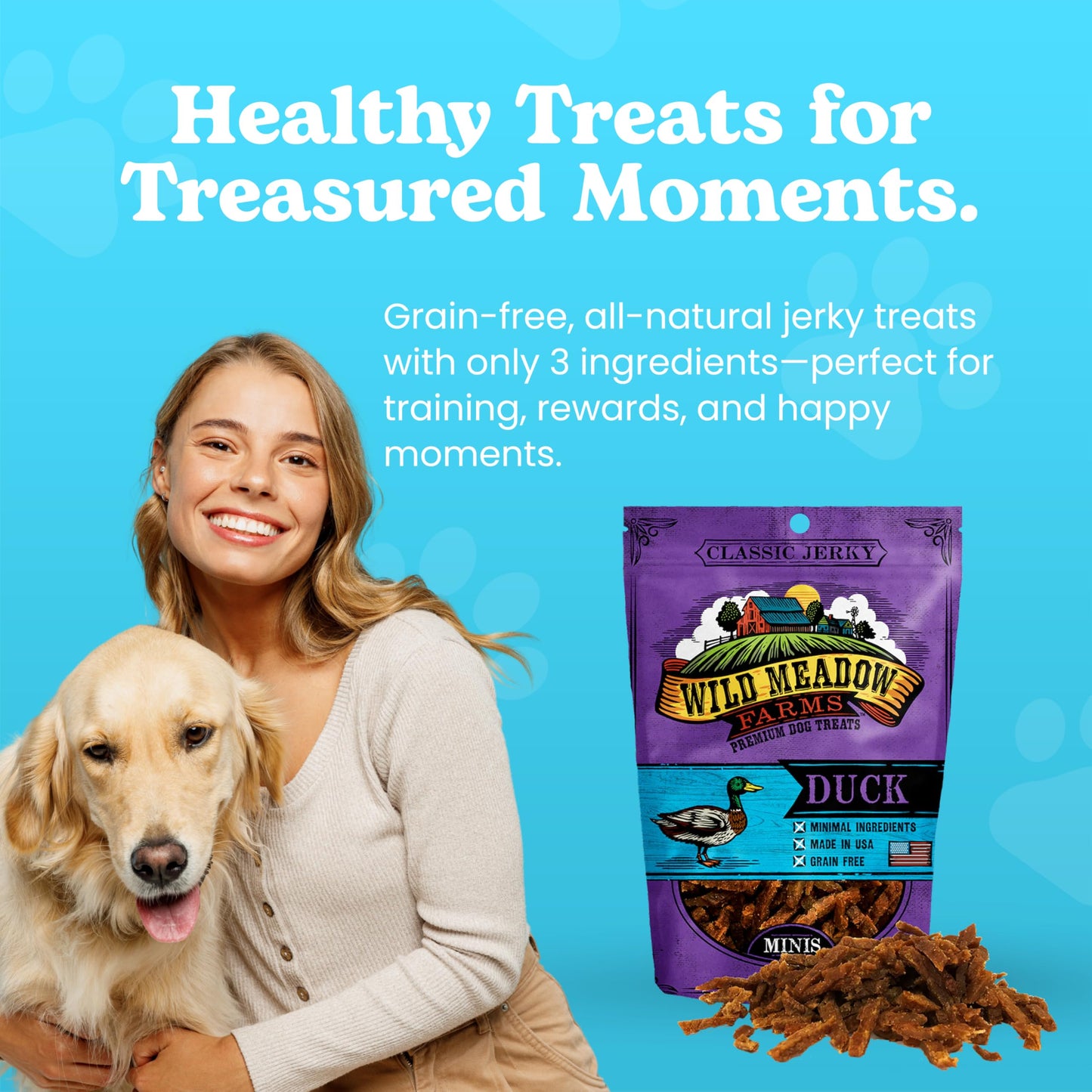 Wild Meadow Farms - Classic Duck Minis, Soft Jerky Training Treats for Dogs, Grain-Free, All-Natural & Perfectly Sized for Training, High-Value Rewards in a Convenient 3.5 Ounce Pouch