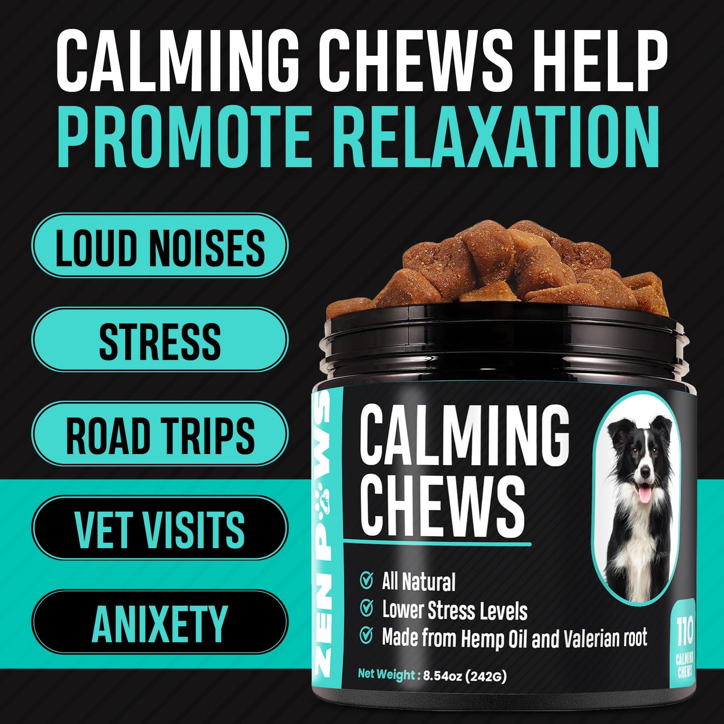 Hemp Calming Chews for Dogs with Anxiety and Stress - Dog Calming Treats - Dog Anxiety Relief - Storms, Barking, Separation - Valerian - Hemp Oil - Calming Treats for Dog