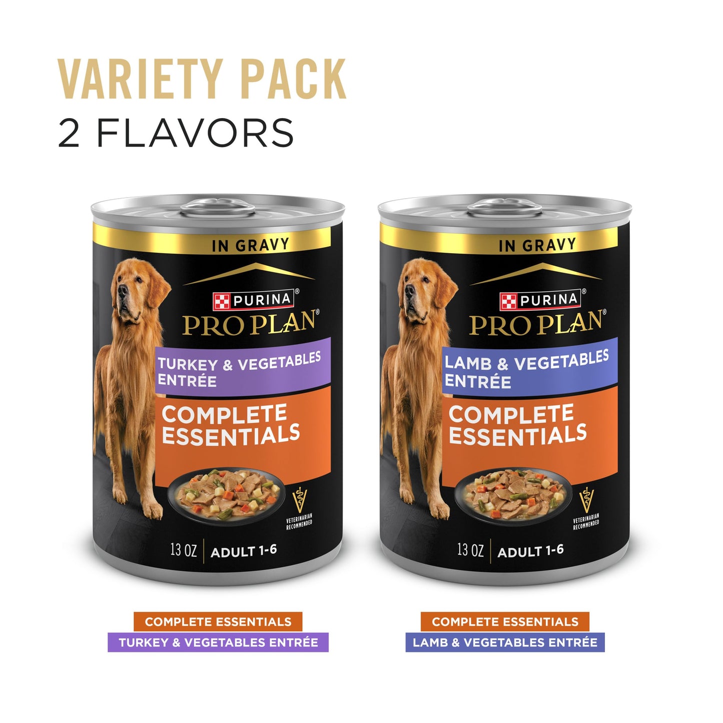 Purina Pro Plan Complete Essentials Wet Dog Food, Lamb and Vegetables and Turkey and Vegetables in Gravy Variety Pack - (Pack of 12) 13 oz. Cans