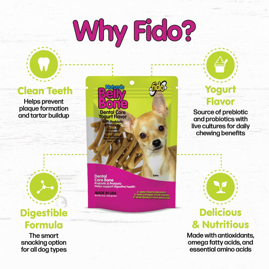 FIDO - Belly Bones for Dogs, 21 Yogurt Flavor Mini Dog Dental Treats (Made in USA) - 21 Count Dog Treats for Small Dogs - Plaque and Tartar Control for Fresh Breath, Digestive Health Support