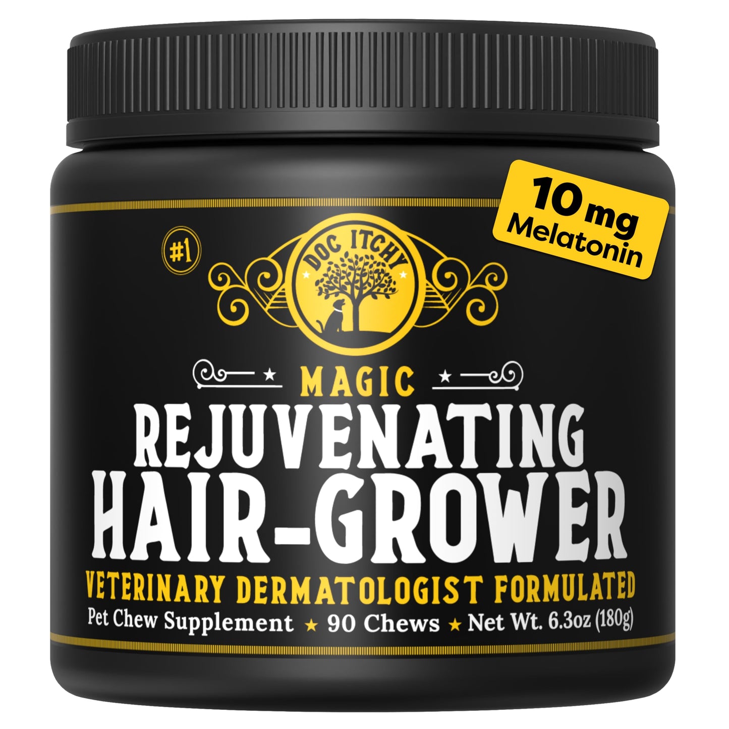 Doc Itchy Rejuvenating Hair-Grower Dog Pet Chews | 10mg Melatonin for Dogs | Hair Growth Booster | Senior Dog Energizer | Calming | Medical-Strength | Food Allergy Safe | Vegan | 90 Count