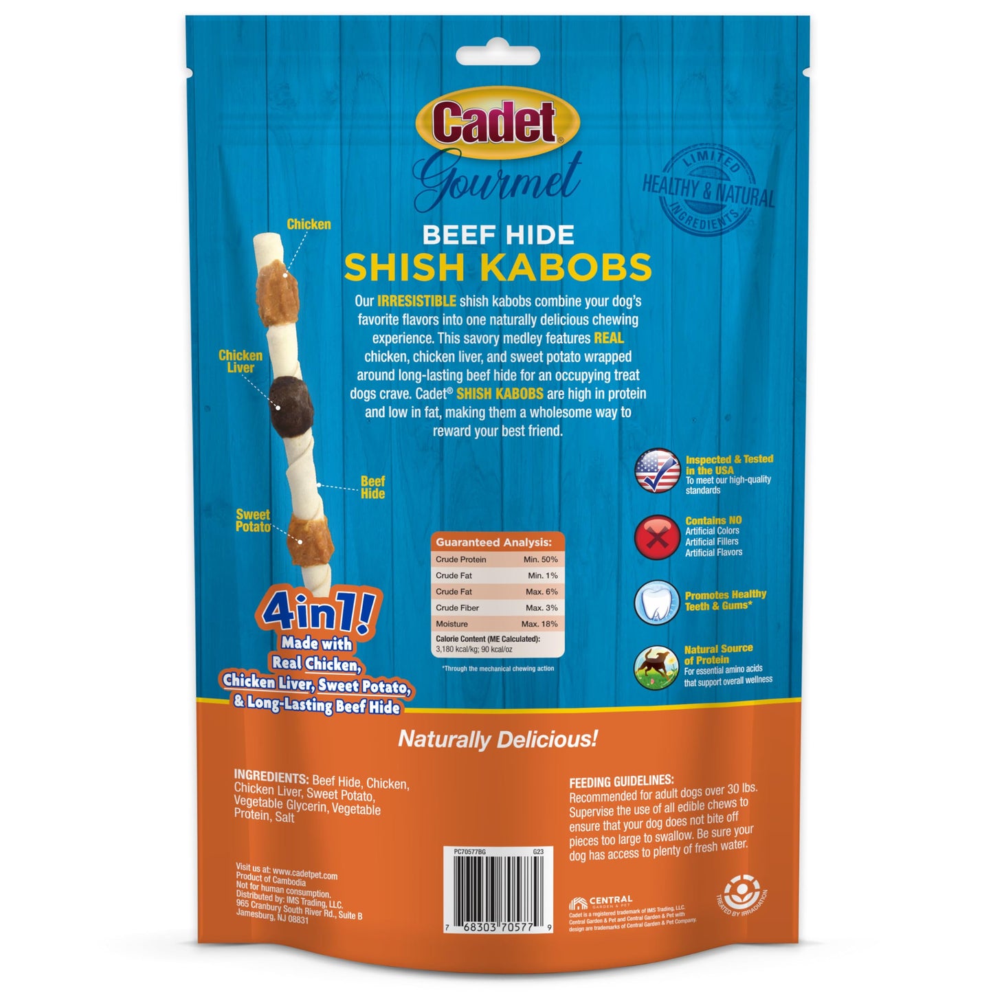 Cadet Gourmet Shish Kabob Dog Chews for Large Dogs, Rawhide Treats with Chicken and Sweet Potato, Healthy & Natural Beef Hide, 10-Inch Sticks, 8 Count