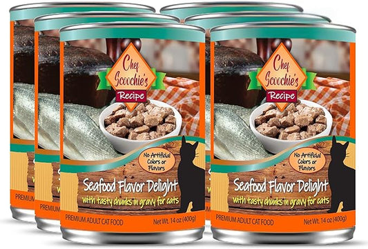 Chef Scoochie's Tender Seafood Chunks in Gravy Wet Cat Food - Easy Open Pop-Top Cans - Protein & Essential Nutrients - Gourmet Meal for Indoor & Outdoor Cats 12 Cans (14 oz e.)