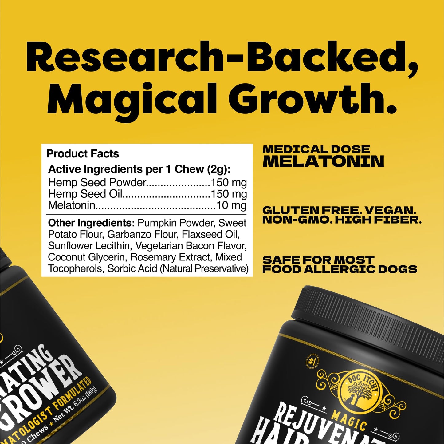 Doc Itchy Rejuvenating Hair-Grower Dog Pet Chews | 10mg Melatonin for Dogs | Hair Growth Booster | Senior Dog Energizer | Calming | Medical-Strength | Food Allergy Safe | Vegan | 90 Count