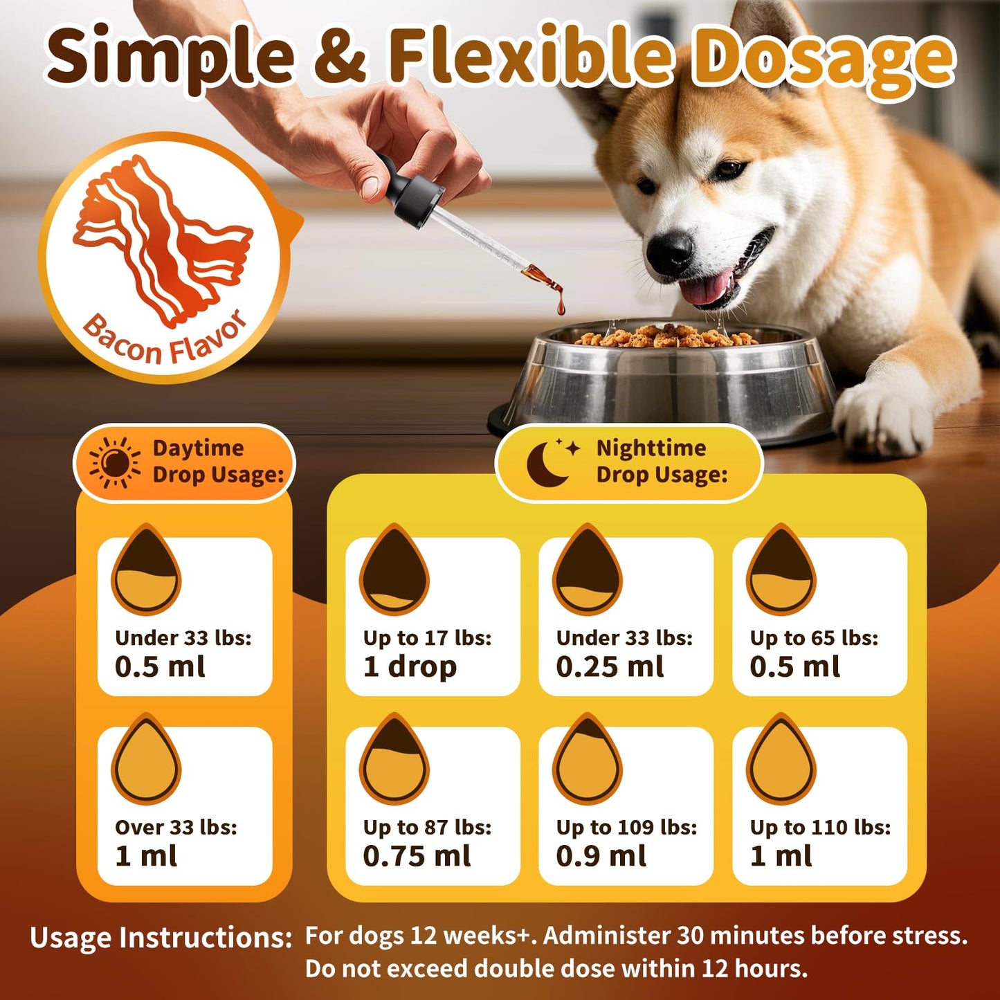 POPPAW Dog Calming & Melatonin Drops, Day & Night Calm Support Set, Anxiety & Stress Support Calming Treat, Enhance Calmness & Sleep for Separation, Travel, Fireworks & Thunder, Bacon Flavor, 2 FL.Oz