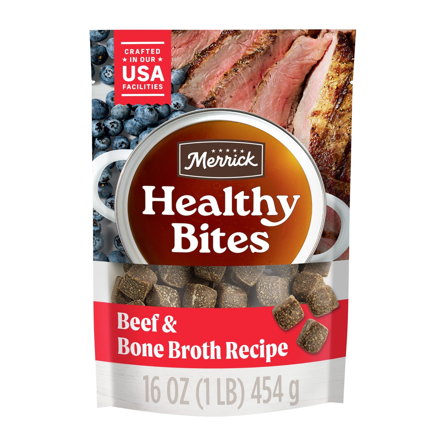 Merrick Healthy Bites Grain Free Dog Treats, Soft Treats with Bone Broth for Dogs, Beef and Bone Broth Recipe - 16 oz. Pouch