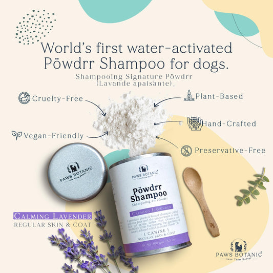 Paws Botanic Unscented Dog Dry Shampoo, Powder Shampoo for Dogs, Regular Skin & Coat, 3.5 oz with Bamboo Spoon (Calming Lavender)