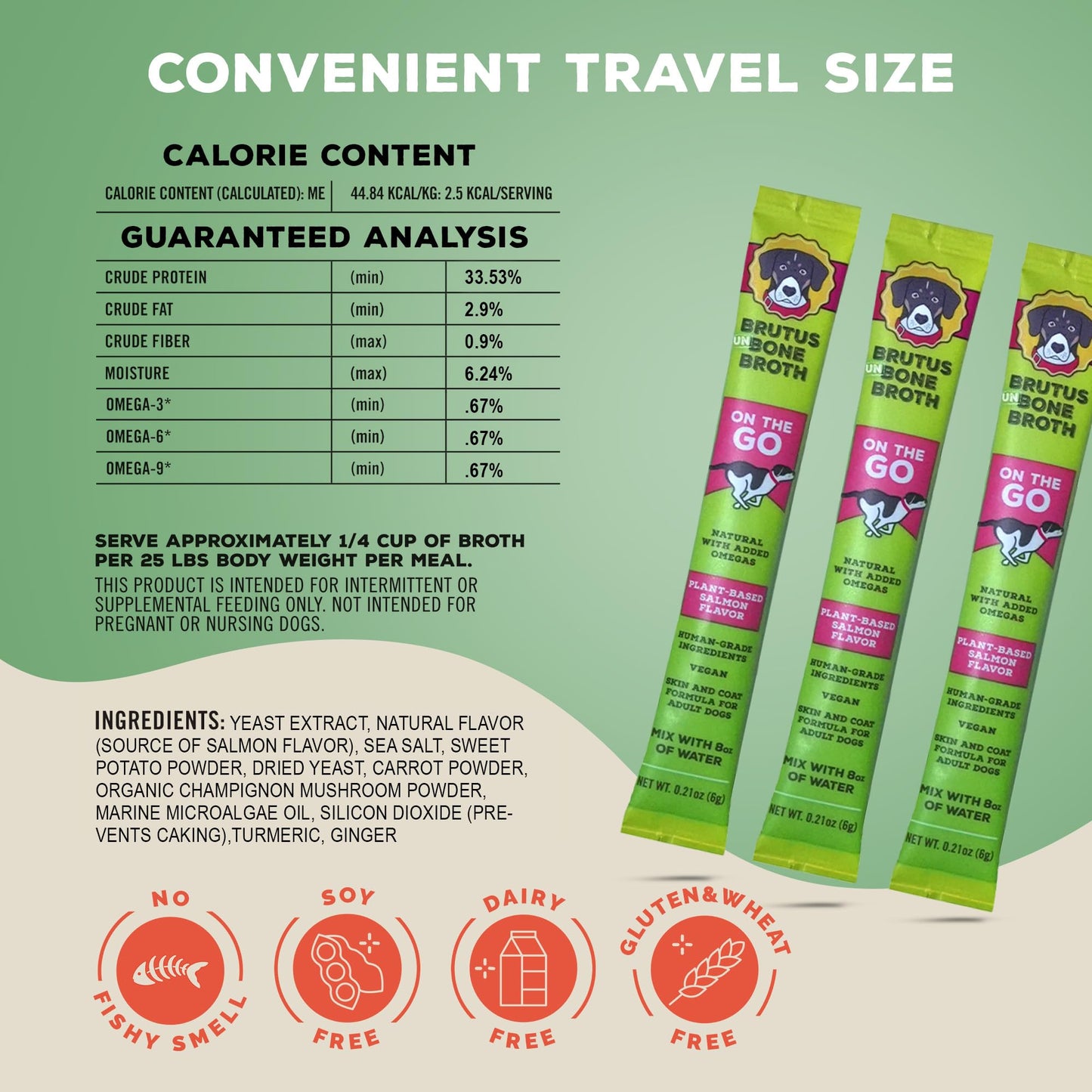 Brutus Broth Instant On The Go Vegetable Powder for Dogs - Vegetable Powder with Omegas 3, 6 & 9 & Turmeric - Human Grade Food Toppers for Dry Food & Picky Eaters - 5 Stick (Salmon Flavor)