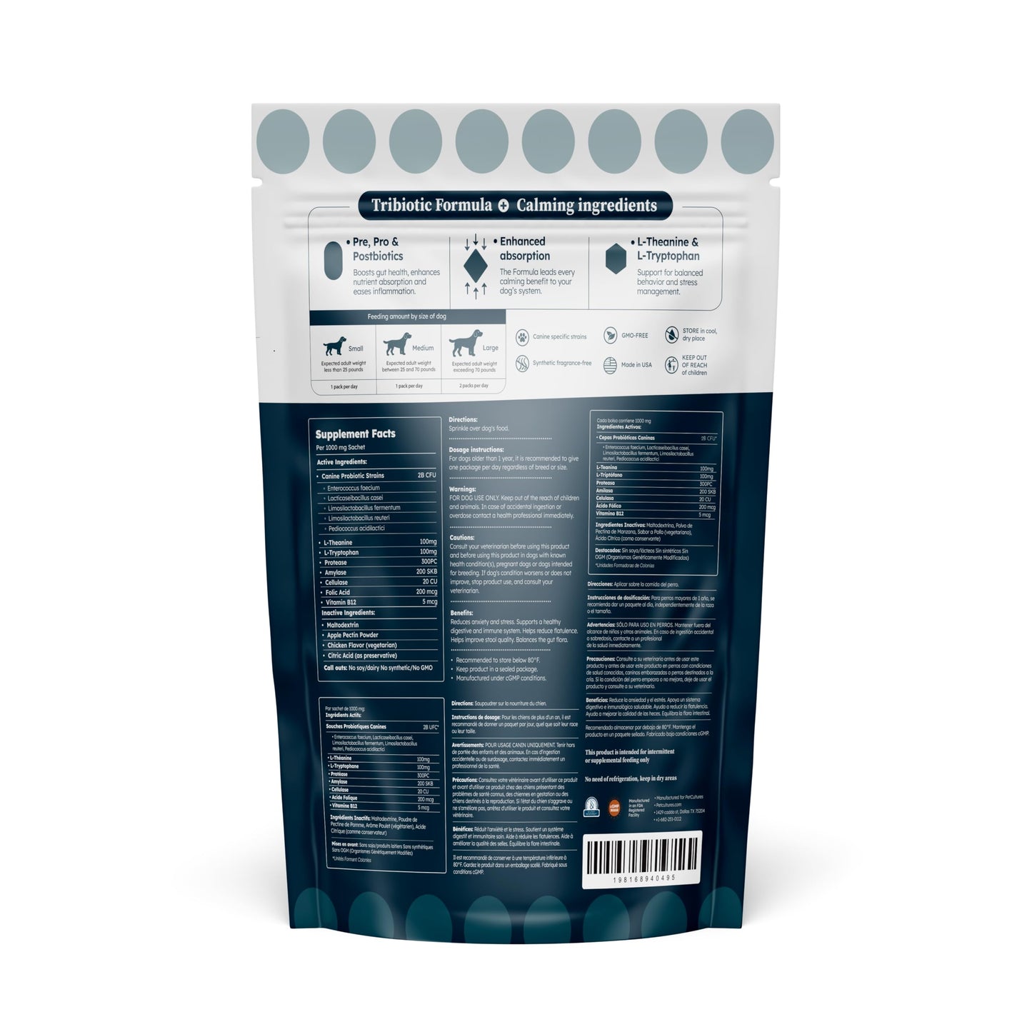 PetCultures Calming Synbiotic Formula - with L-Theanine, L-Tryptophan, Probiotics, and B-Vitamins in 30 Packs