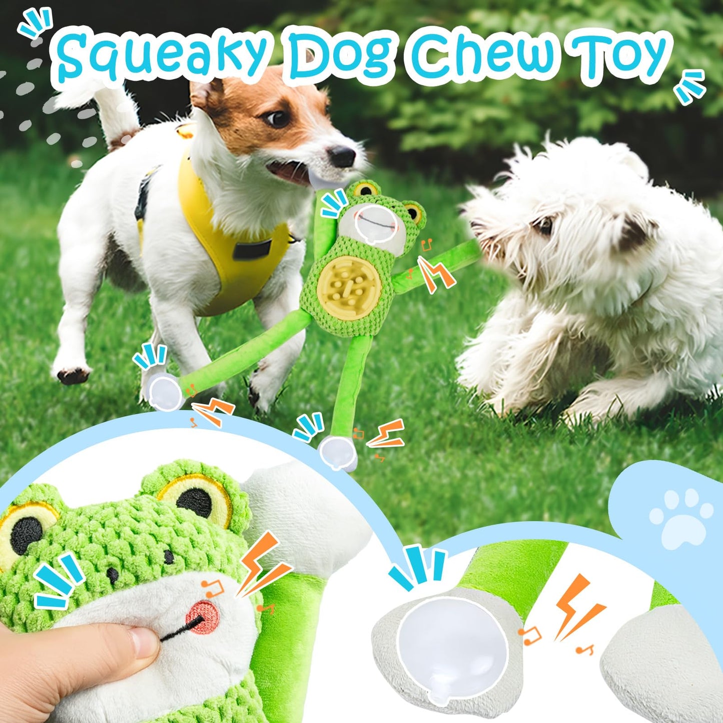 Squeaky Dog Toys - Interactive Frog Plush Dog Toy with Slow Feeder & Tug of War Game, Mental Stimulation Fluffy Stuffed Puppy Toys for Small, Medium, Large Breeds, Durable