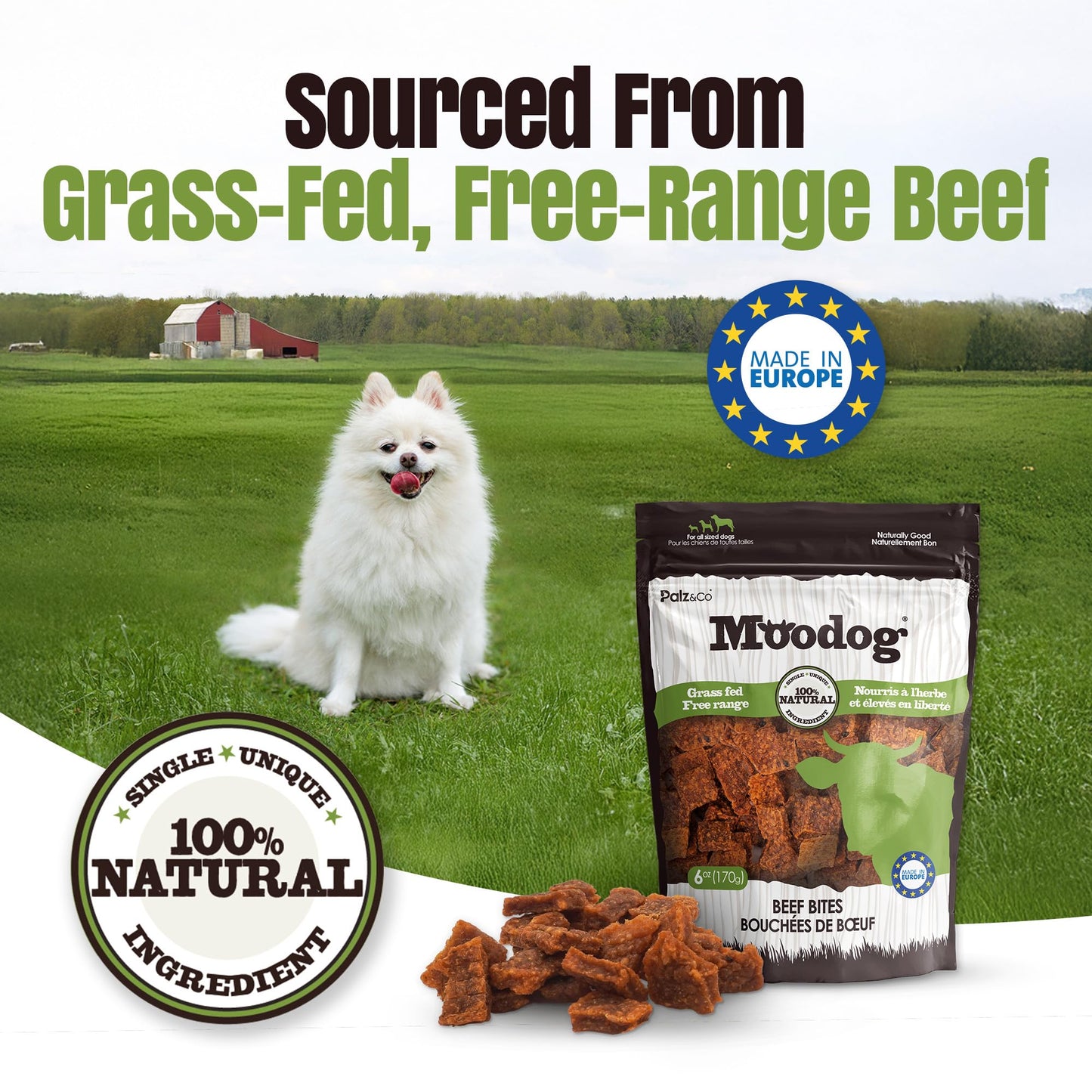Palz&Co Moodog Beef Bites Soft Chews for Dogs - 100% Natural Grain-Free Treats to Support Dental Health, Joint Mobility, and Stress Relief, No Artificial Additives, 6 oz Bag